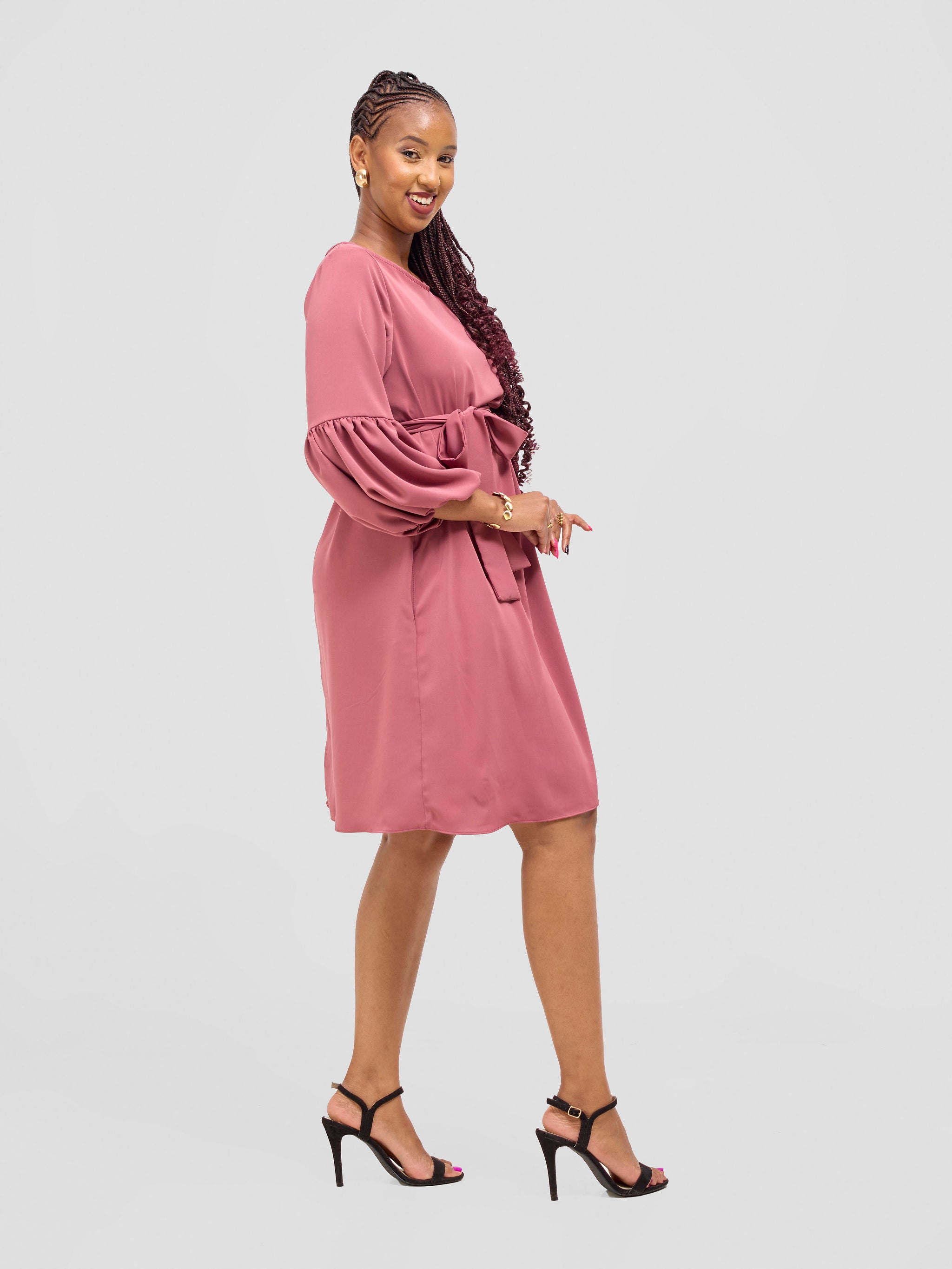 Vivo Zena Bishop Panel Long Sleeve Round Neck Dress - Dusty Pink