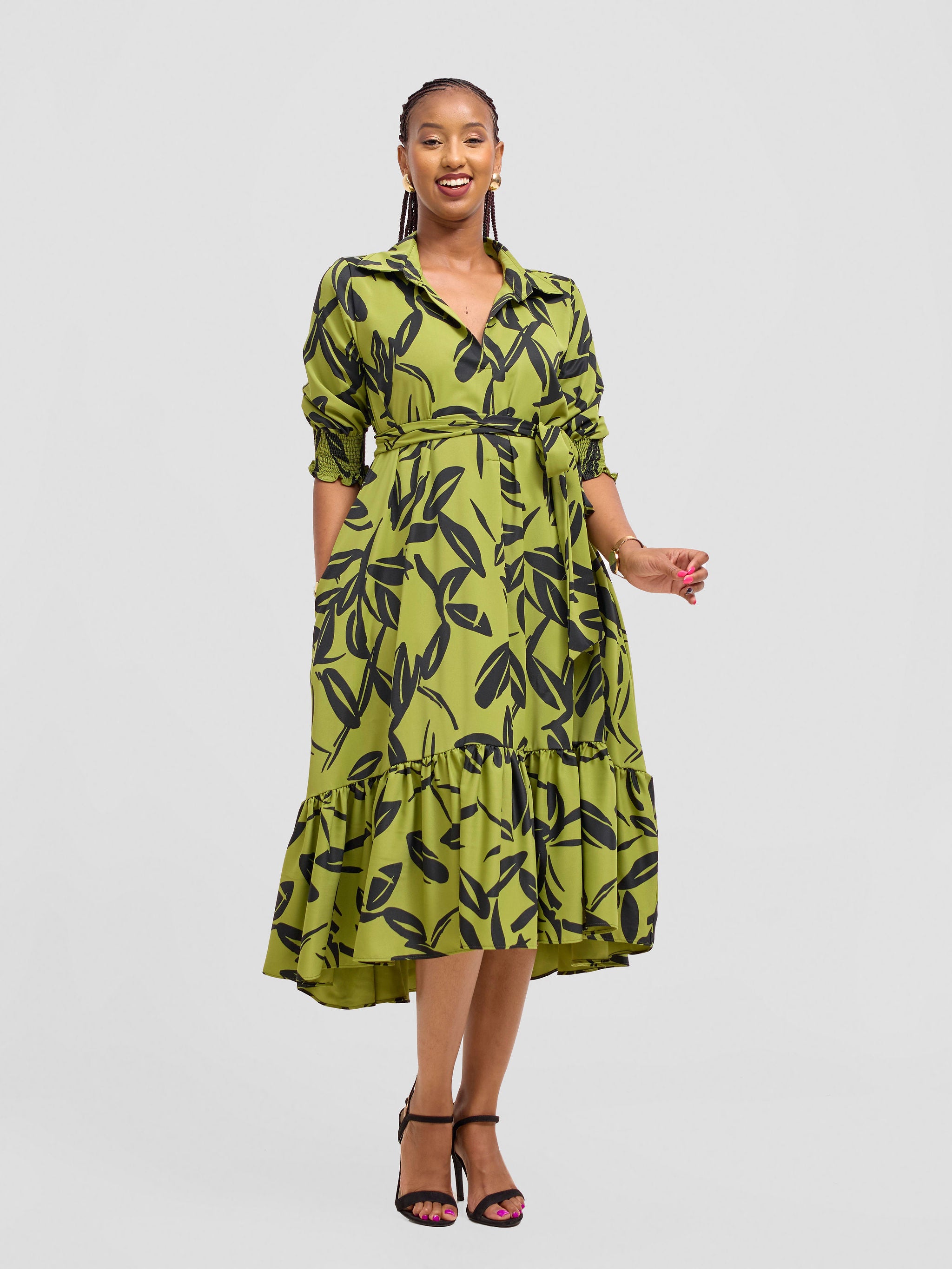 Vivo Serwa Flounce Dress - Lime / Black Kele Print