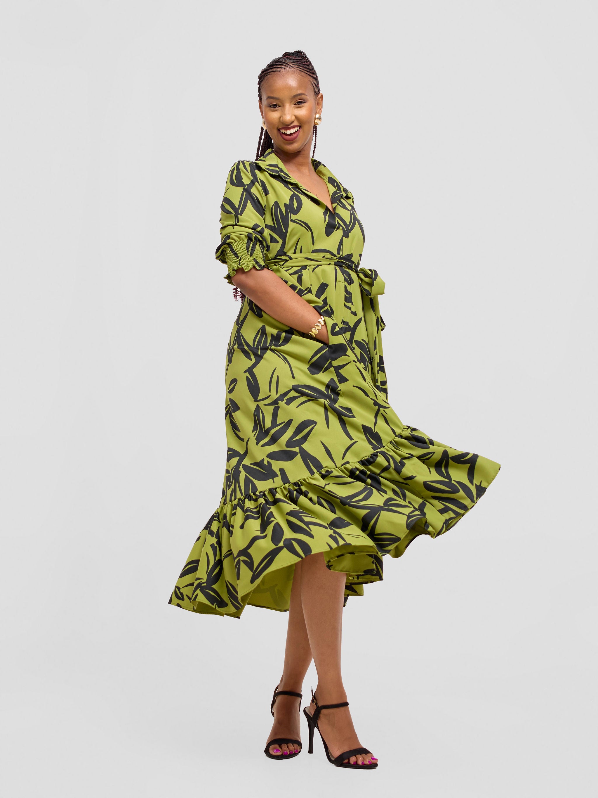 Vivo Serwa Flounce Dress - Lime / Black Kele Print