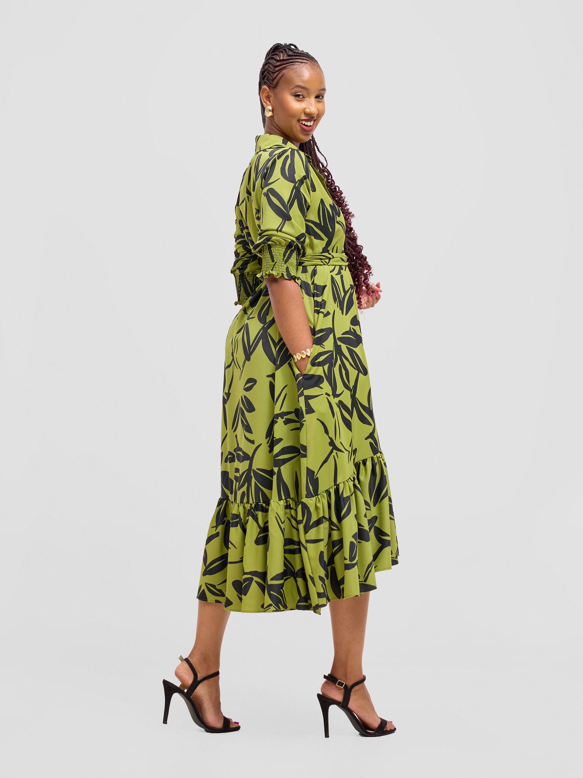 Vivo Serwa Flounce Dress - Lime / Black Kele Print