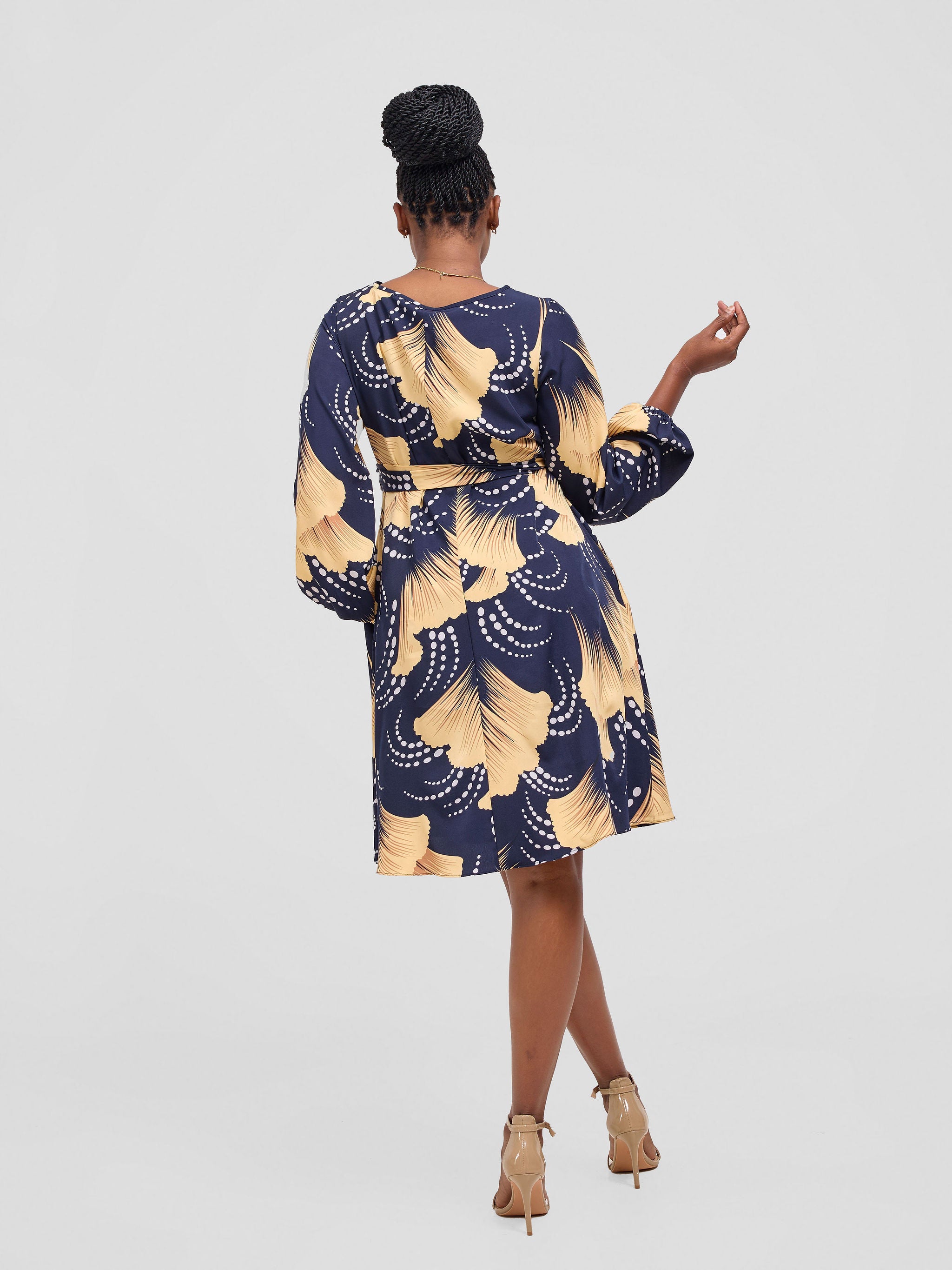 Vivo Basic Ayo Bishop Sleeve Dress - Cream / Navy Print