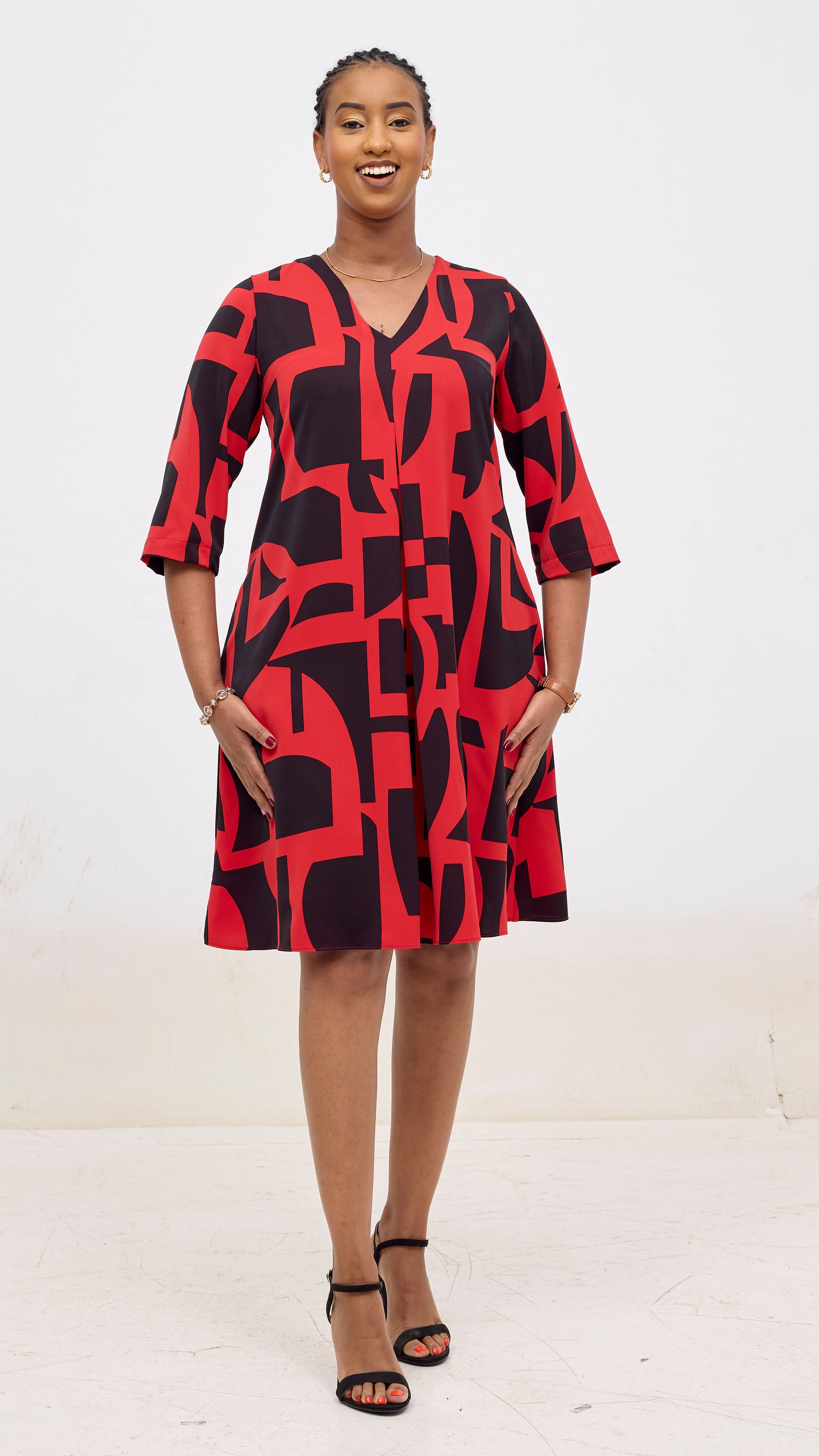 Vivo Kani 3/4 Sleeve Knee Length Dress - Red / Black Pink Dashen Print