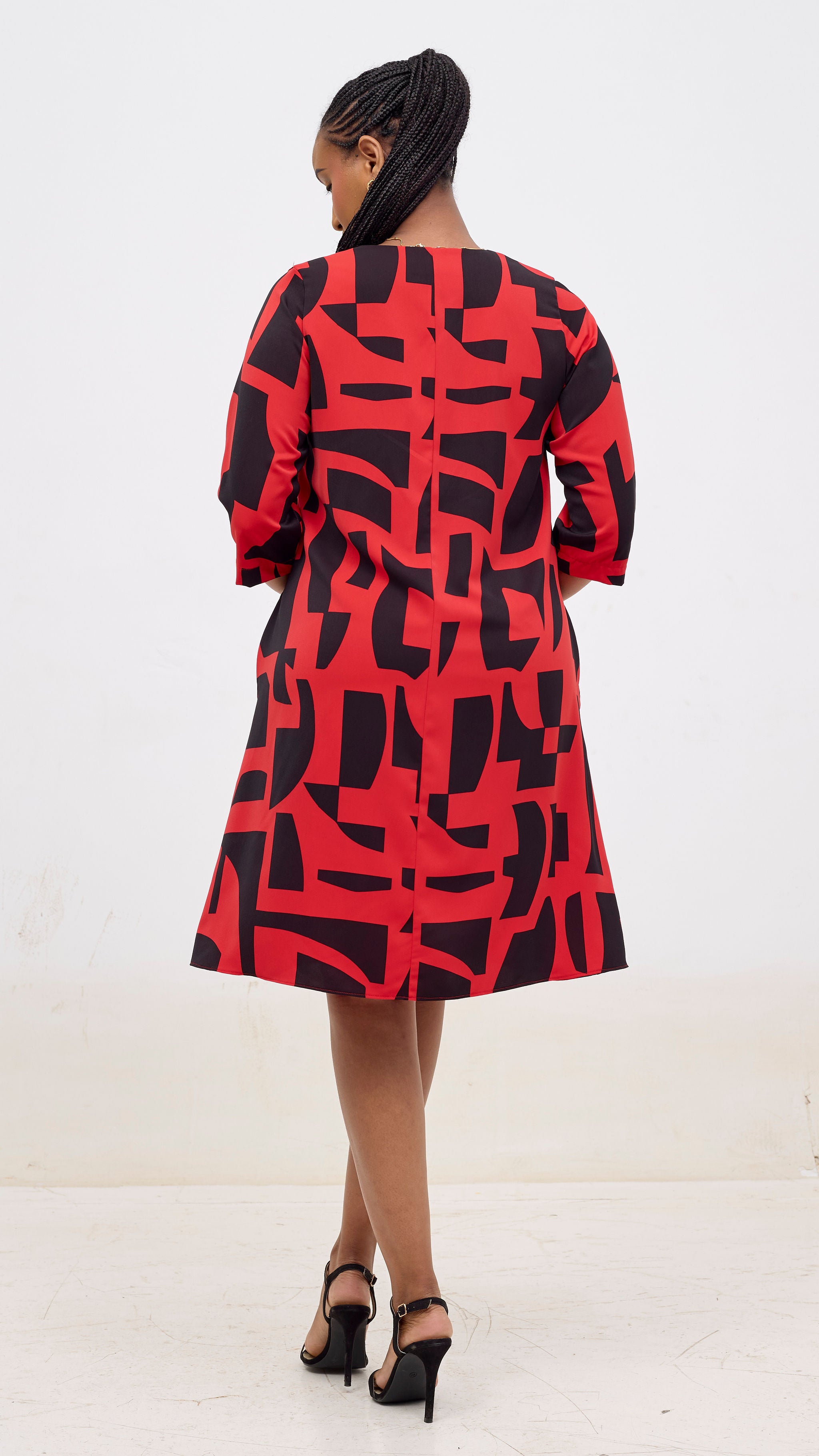 Vivo Kani 3/4 Sleeve Knee Length Dress - Red / Black Pink Dashen Print
