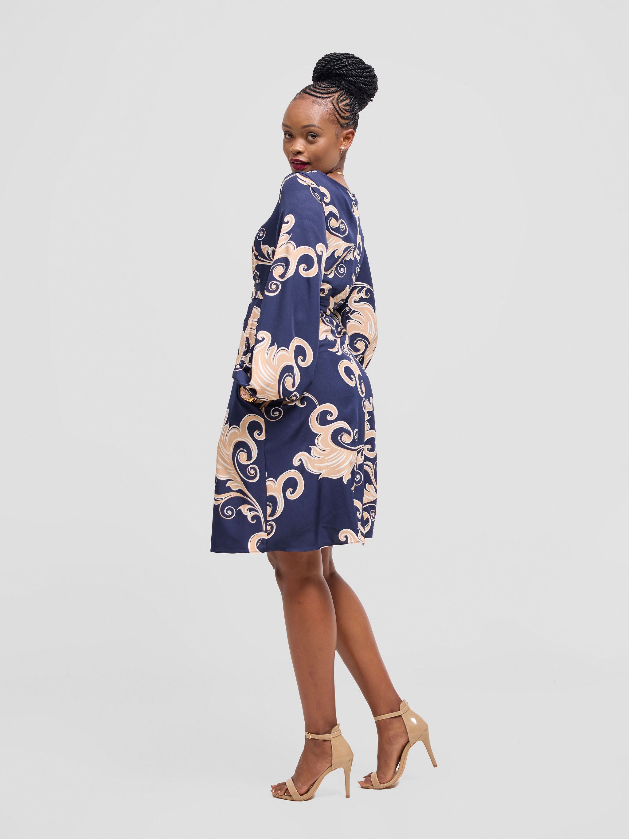 Vivo Basic Ayo Bishop Sleeve Dress - Navy / White Print