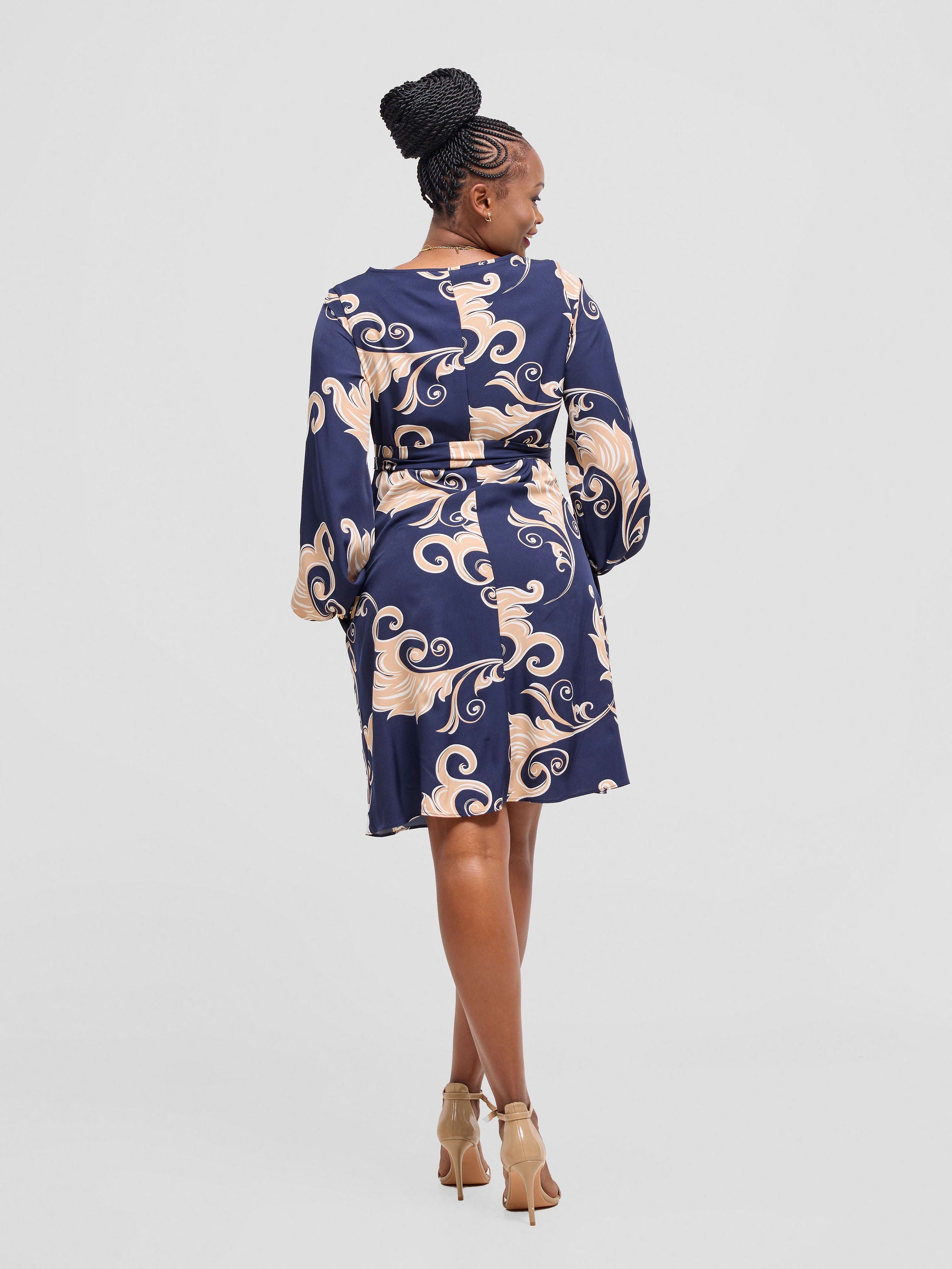Vivo Basic Ayo Bishop Sleeve Dress - Navy / White Print
