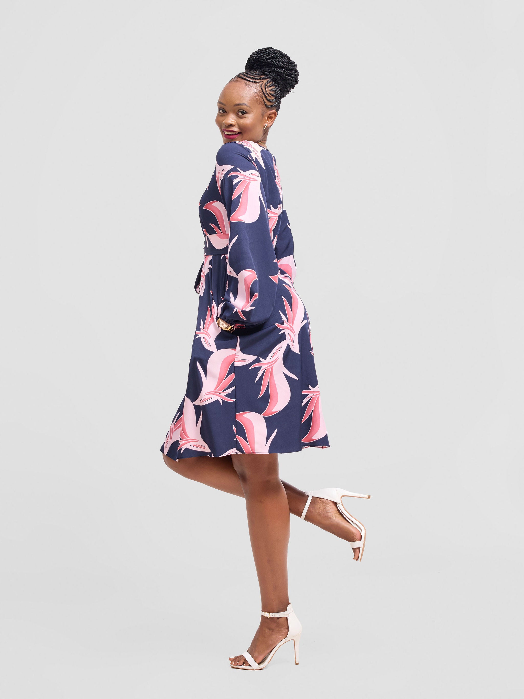 Vivo Basic Ayo Bishop Sleeve Dress - Navy / Pink Print