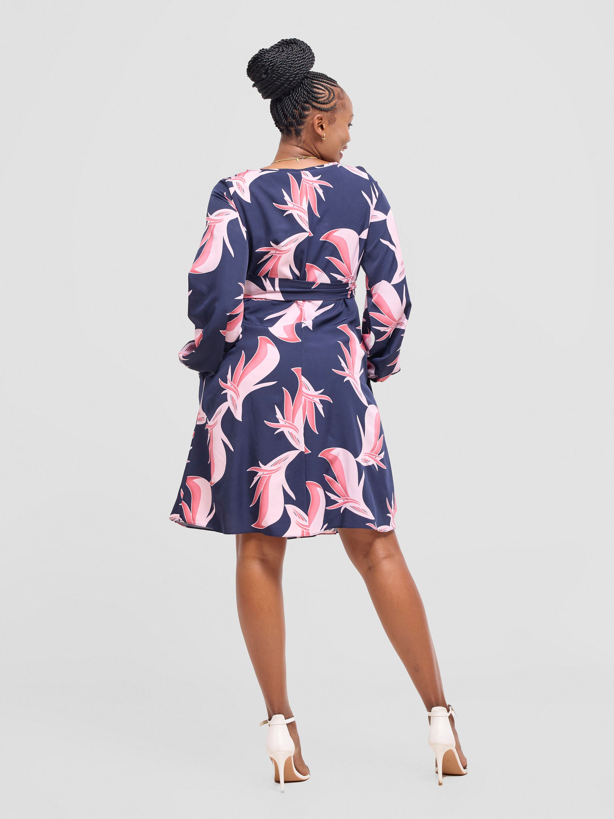 Vivo Basic Ayo Bishop Sleeve Dress - Navy / Pink Print