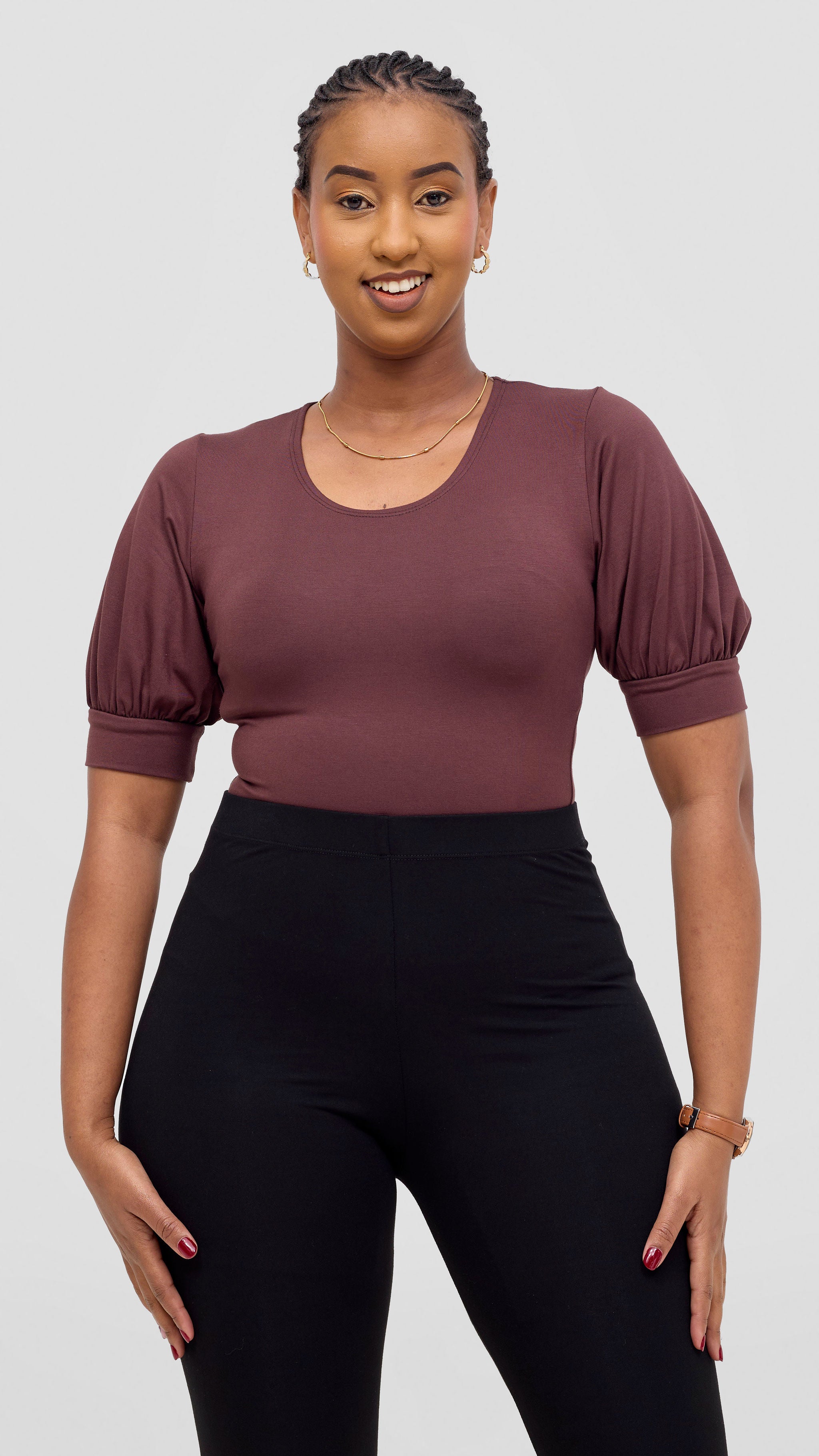 Vivo Tana Puff Sleeve Bodysuit - Chocolate Brown