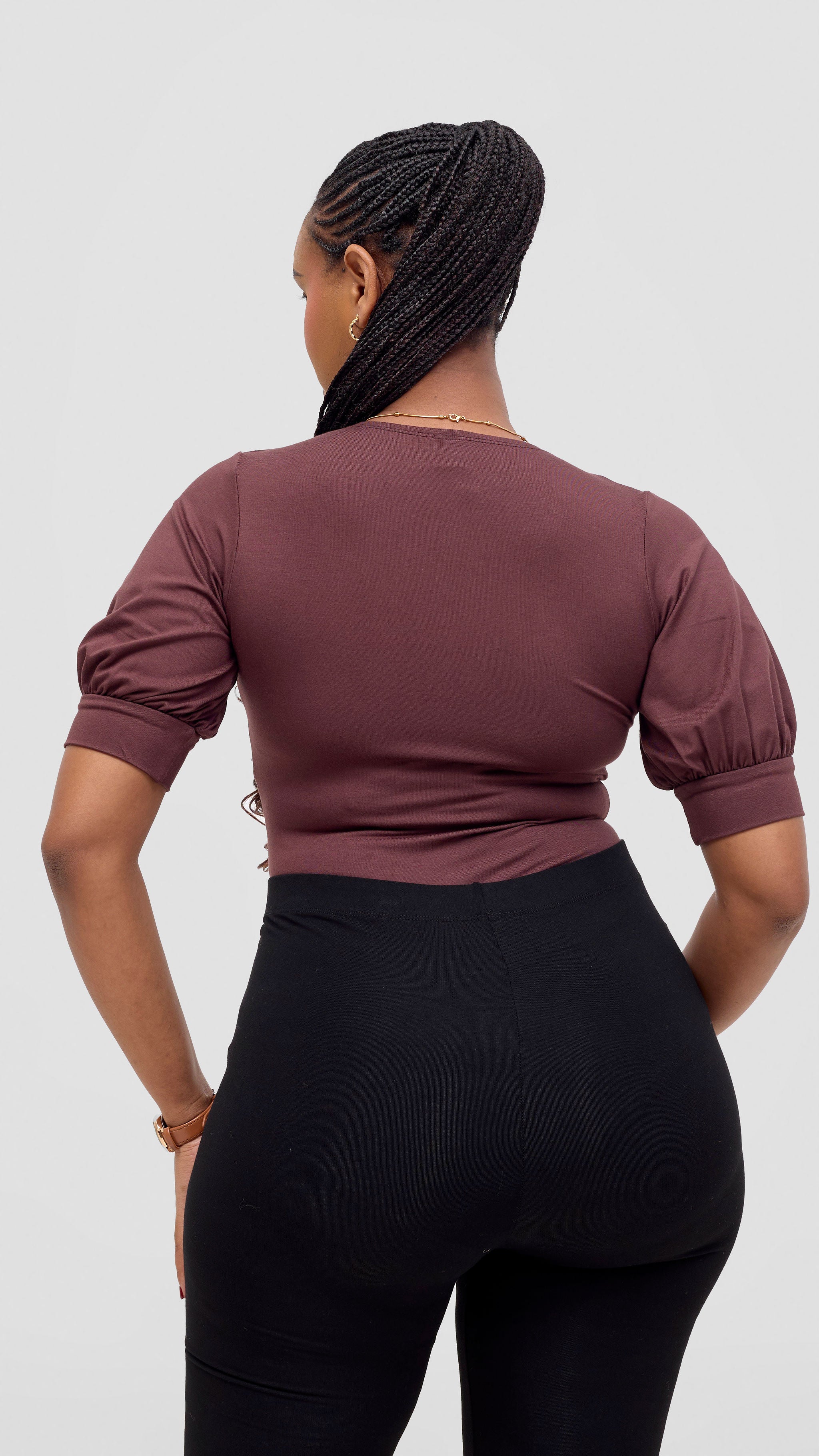 Vivo Tana Puff Sleeve Bodysuit - Chocolate Brown