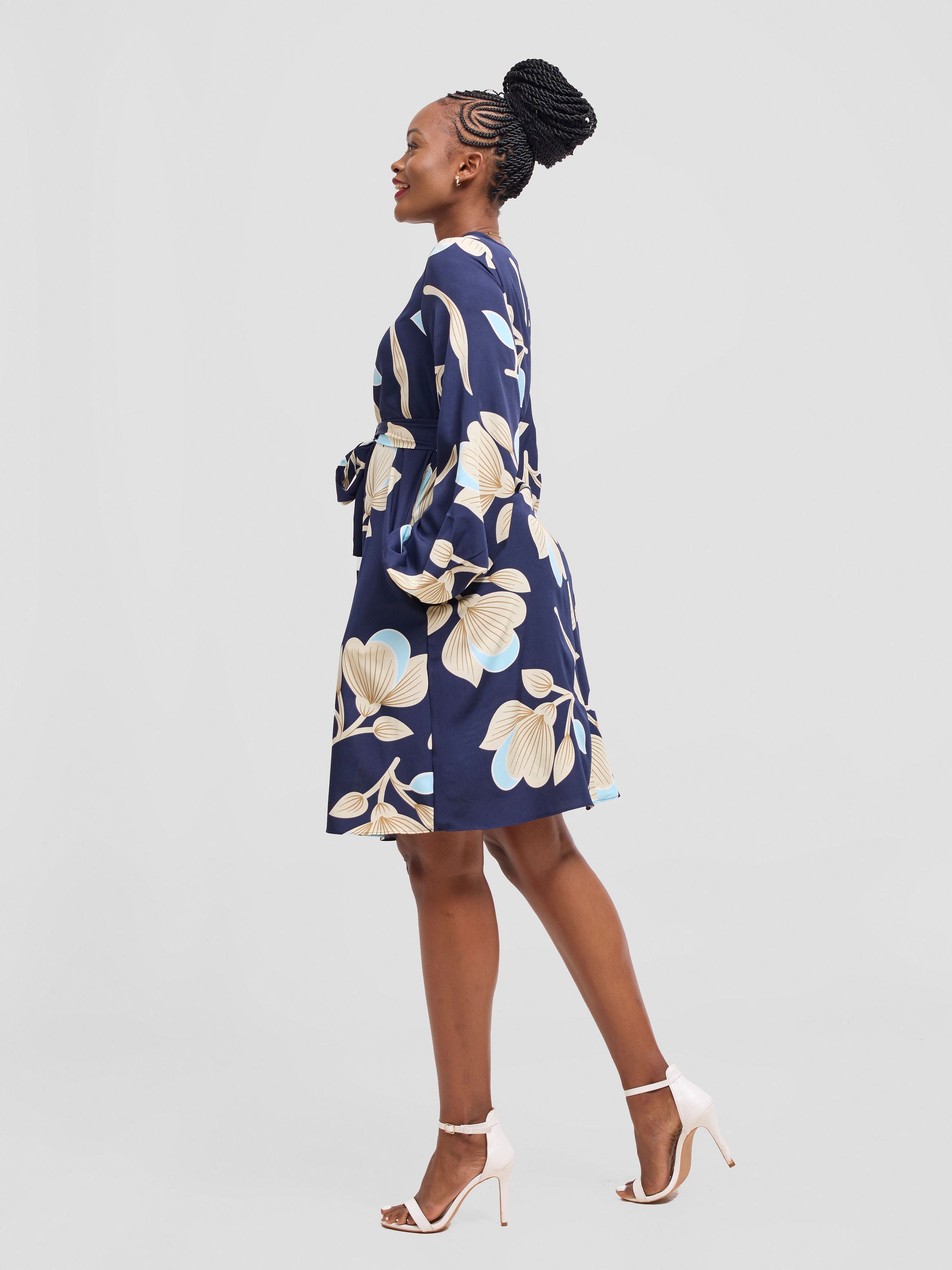 Vivo Basic Ayo Bishop Sleeve Dress - Navy / Peach Print