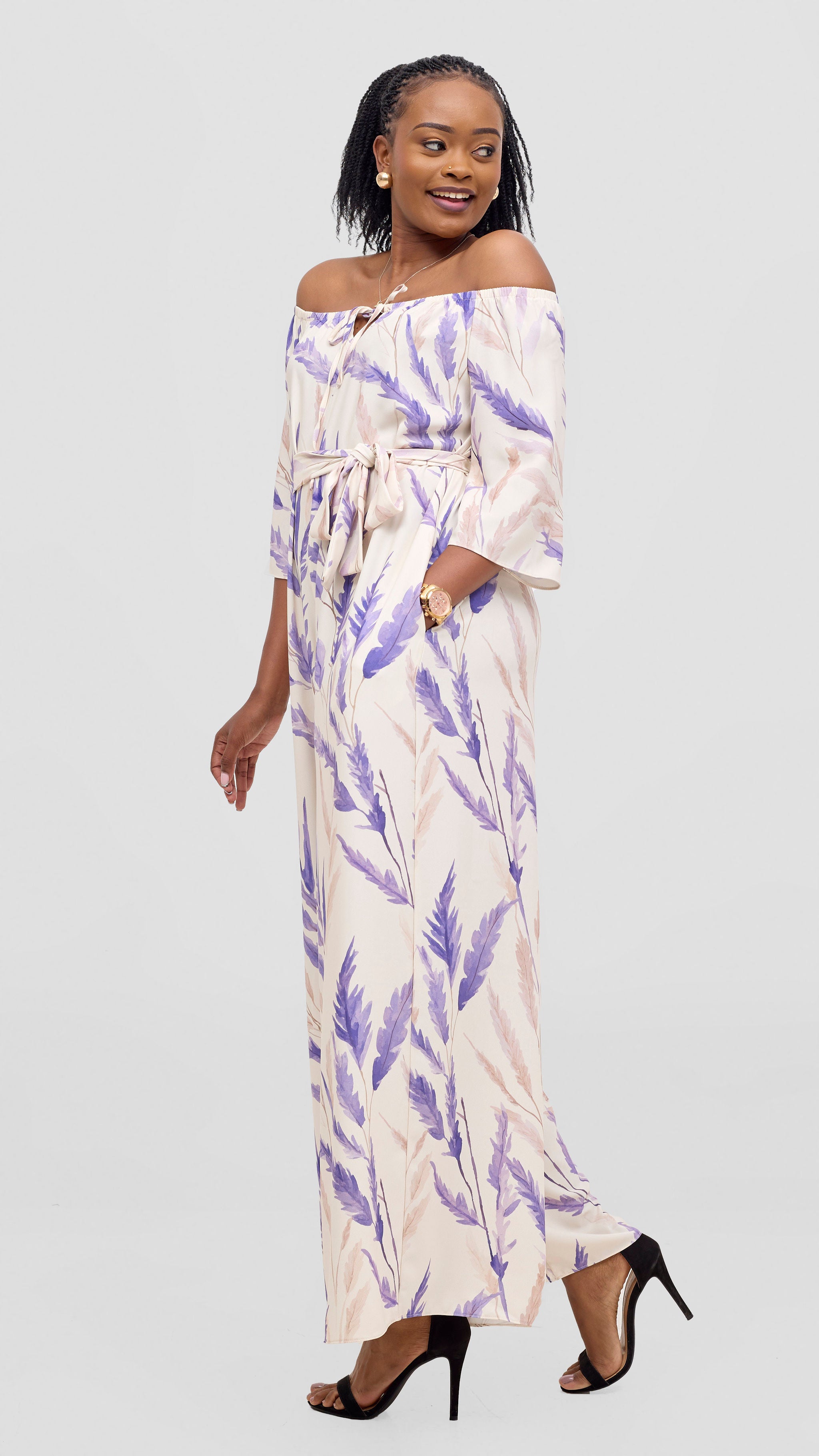 Vivo Zahari 3/4 Sleeve Off Shoulder Jumpsuit - Purple / Cream Rubi Print