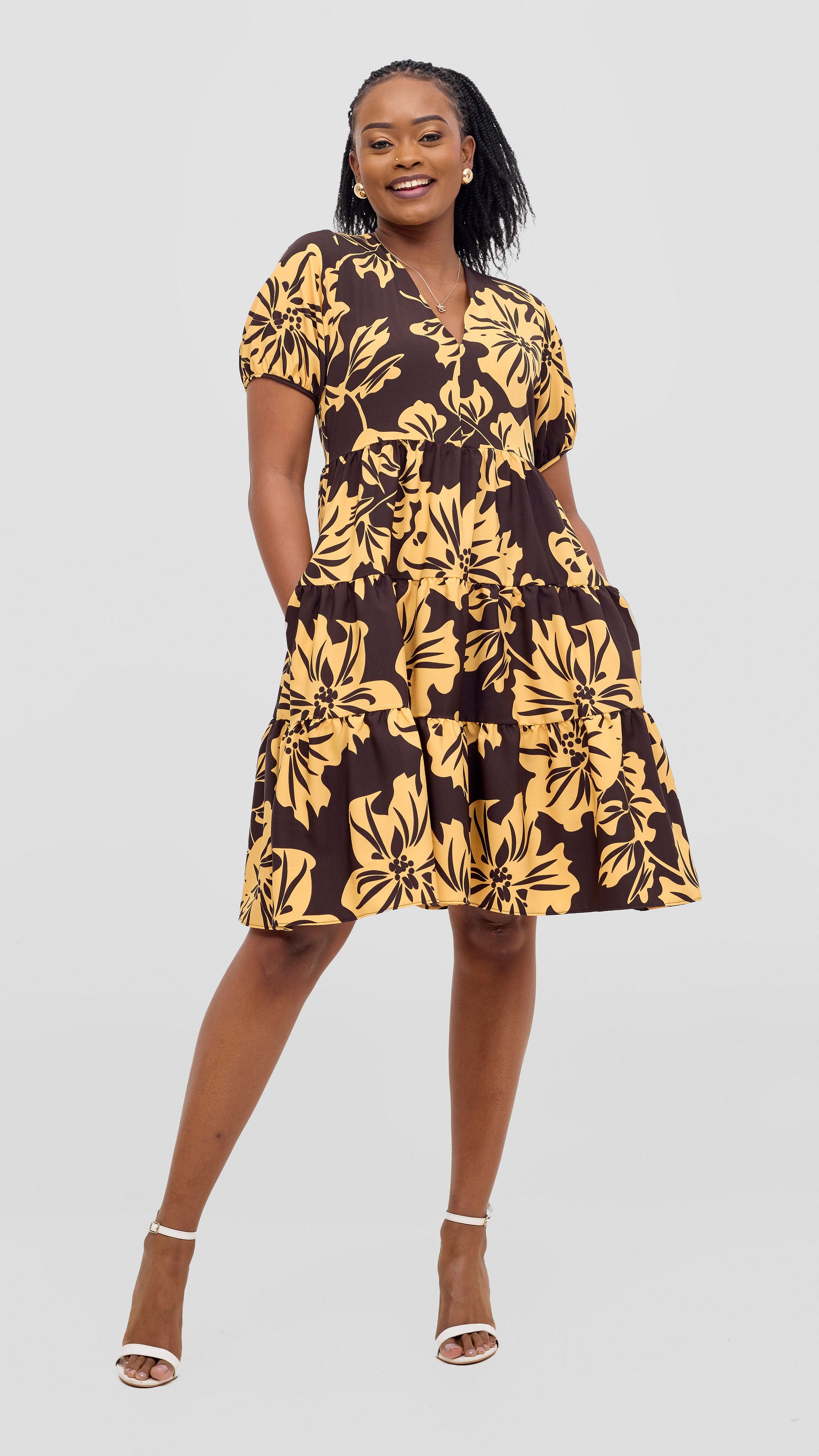 Vivo Wingu Three Tiered Knee Length Dress - Brown / Cream Print