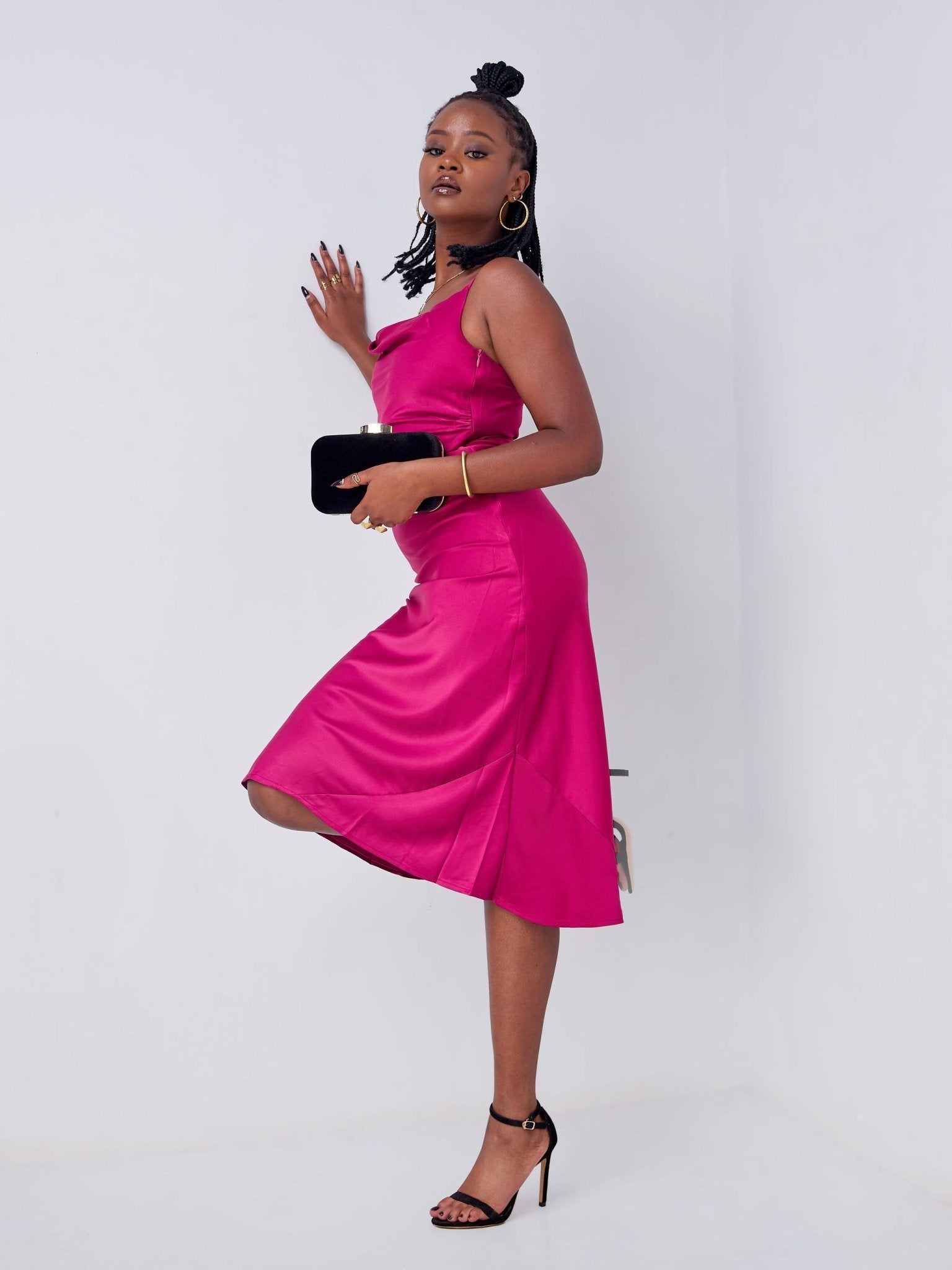 Lola Satin Cowl Neck Slip Dress - Pink - Shopzetu