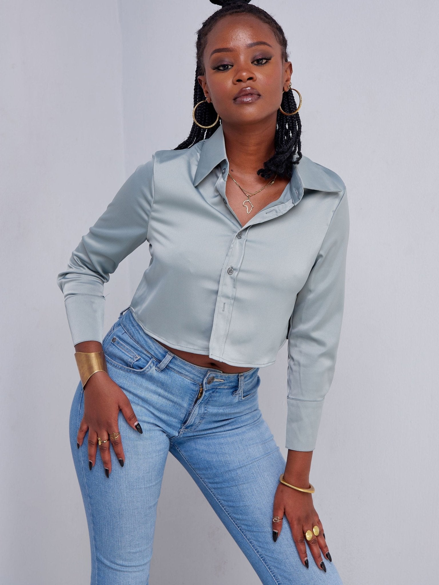 Lola Satin Crop Shirt - Pastel Blue - Shopzetu