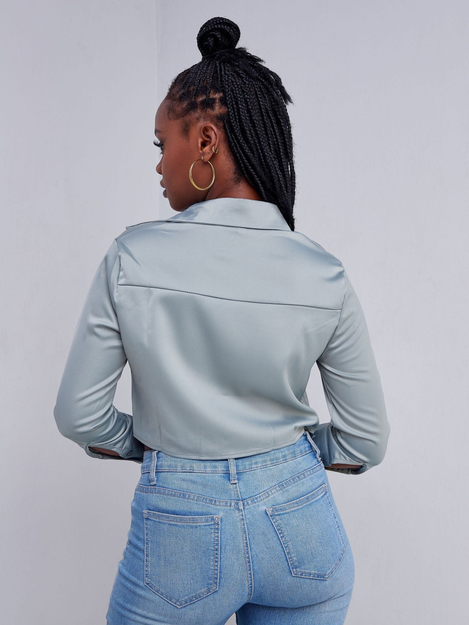Lola Satin Crop Shirt - Pastel Blue - Shopzetu