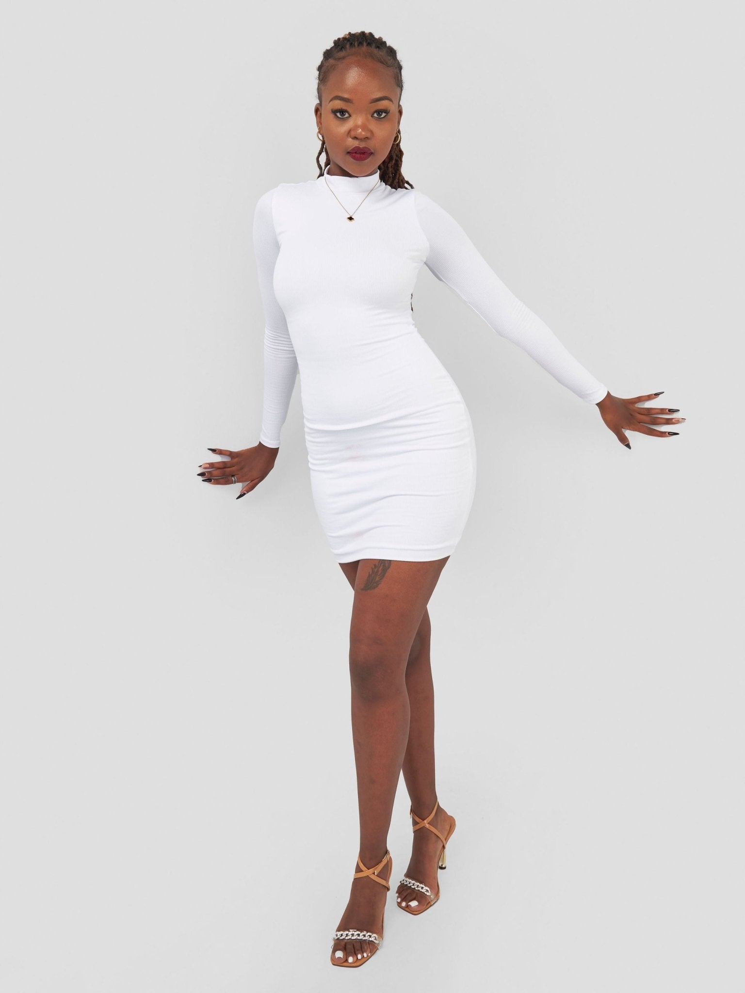 Popular 21 Mock Neck Double Layered Dress - White - Shopzetu