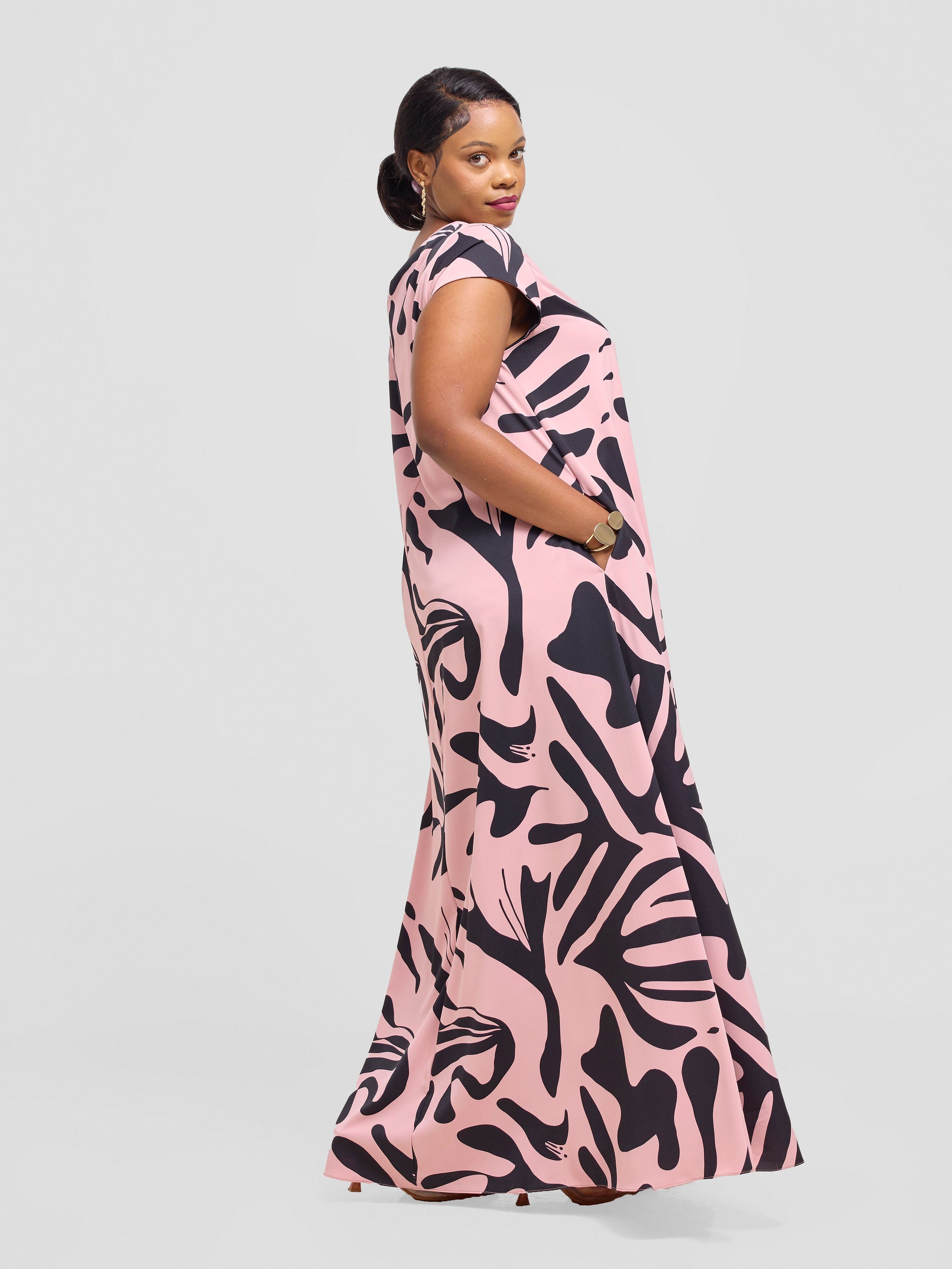 Vivo Basic Cap Sleeve Maxi Tent Dress - Blush Pink / Black Zari Print