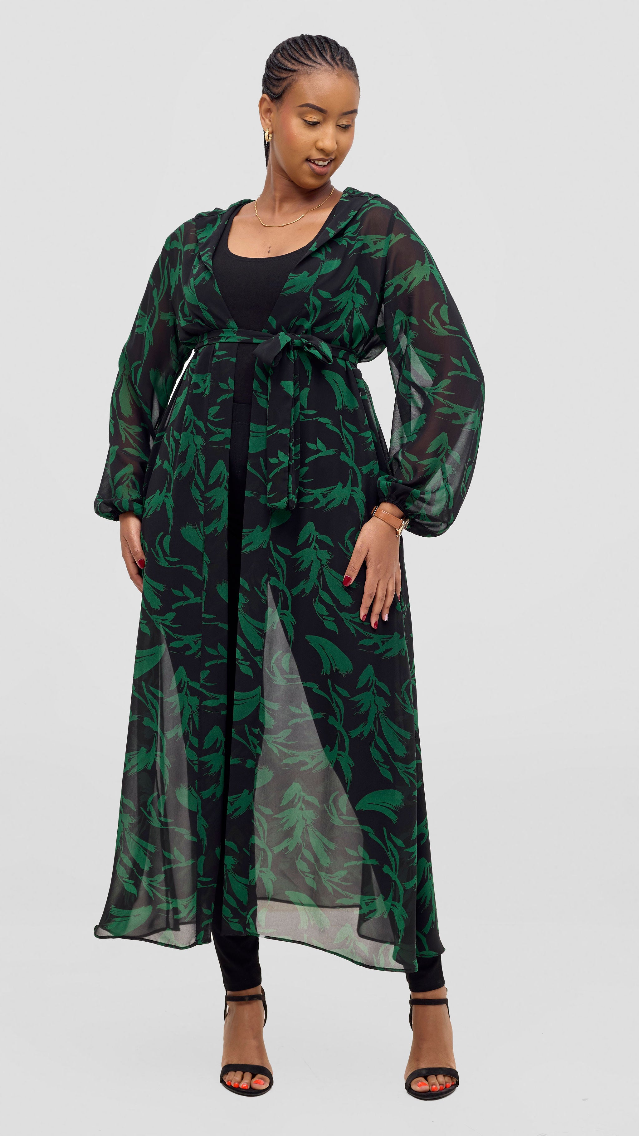 Vivo Basic Hooded Kimono - Black / Green Flowers Print