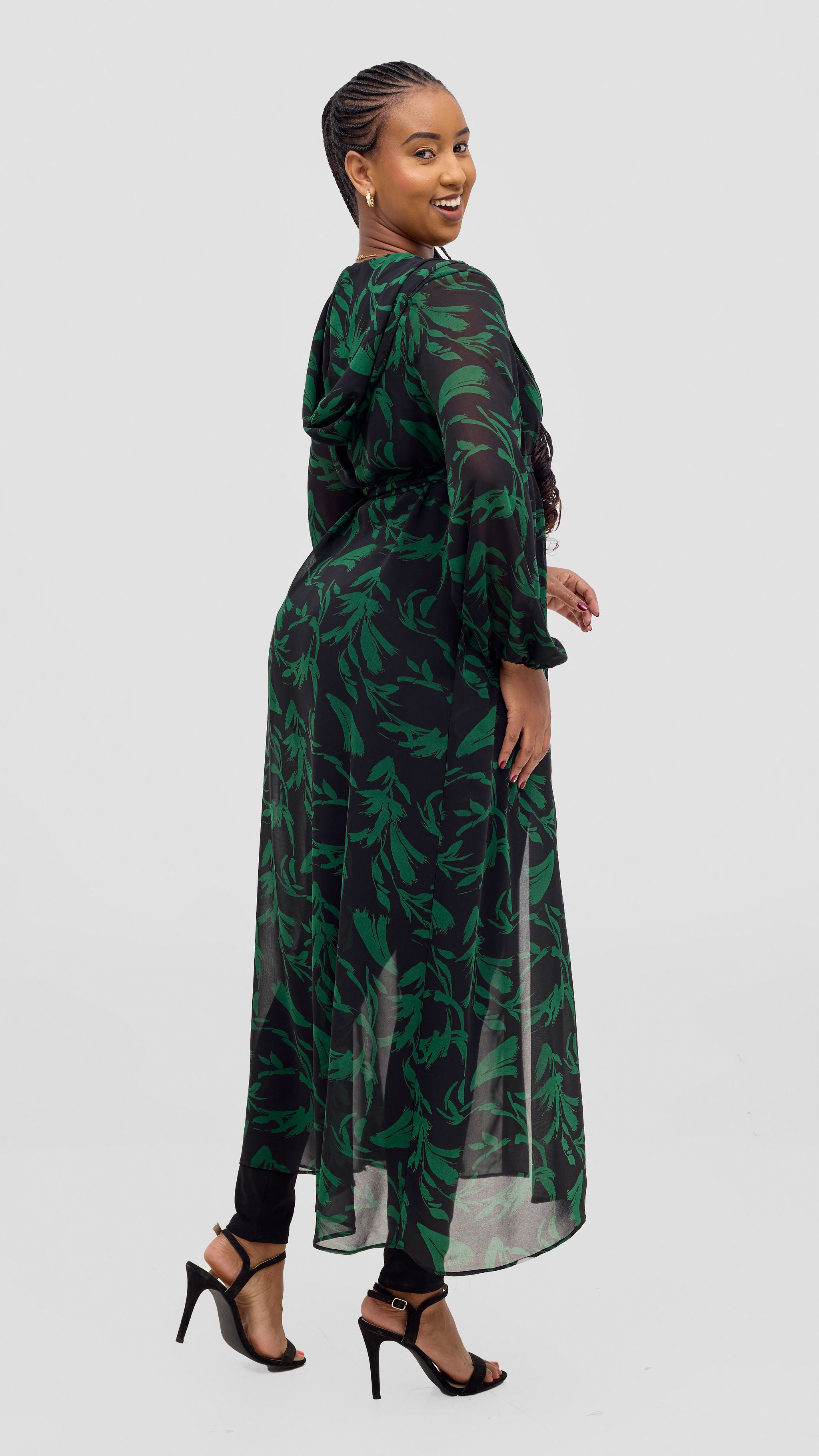 Vivo Basic Hooded Kimono - Black / Green Flowers Print