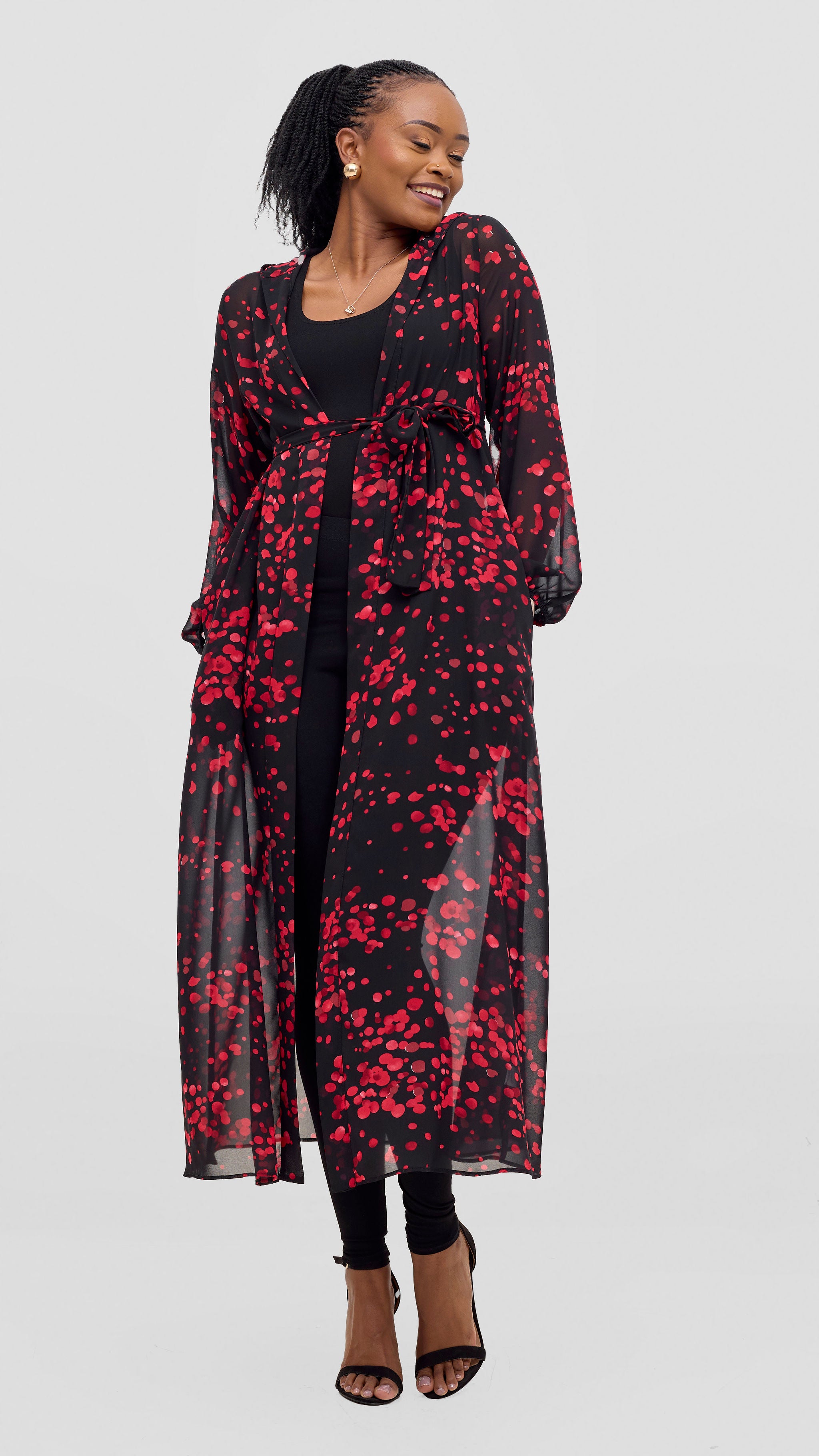 Vivo Basic Hooded Kimono - Black / Red Flowers Print