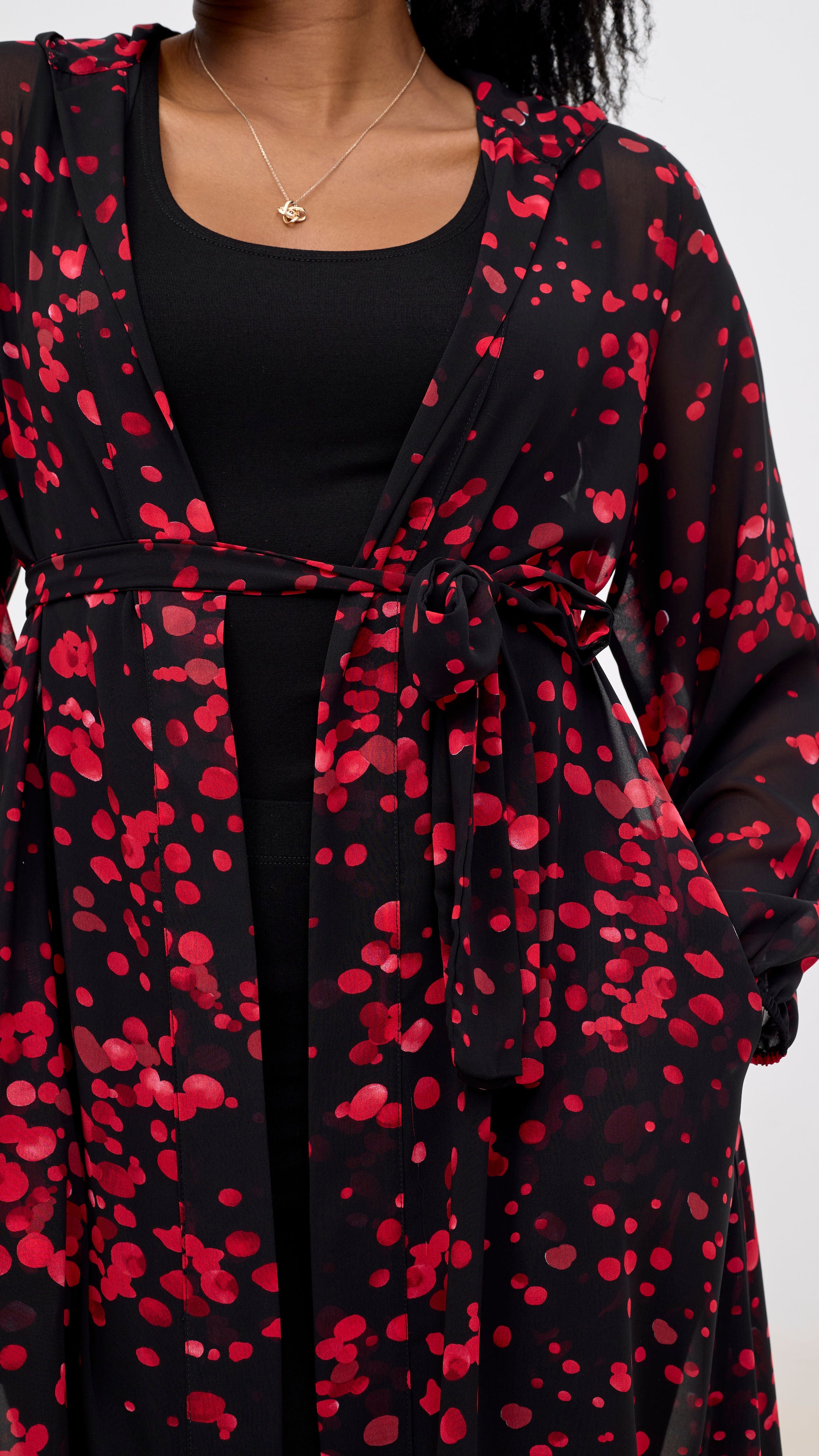 Vivo Basic Hooded Kimono - Black / Red Flowers Print