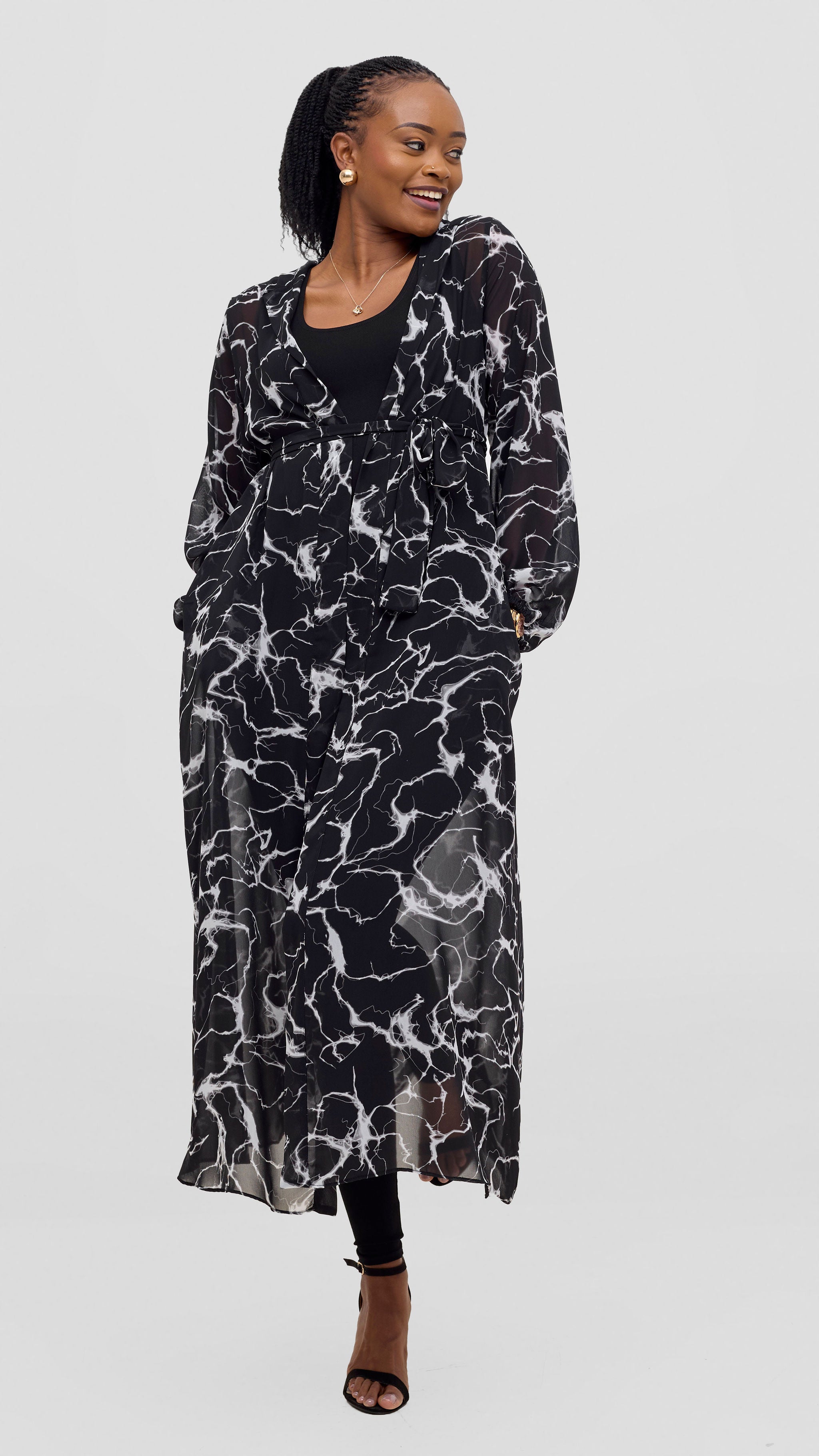 Vivo Basic Hooded Kimono - Black / Abstract Print