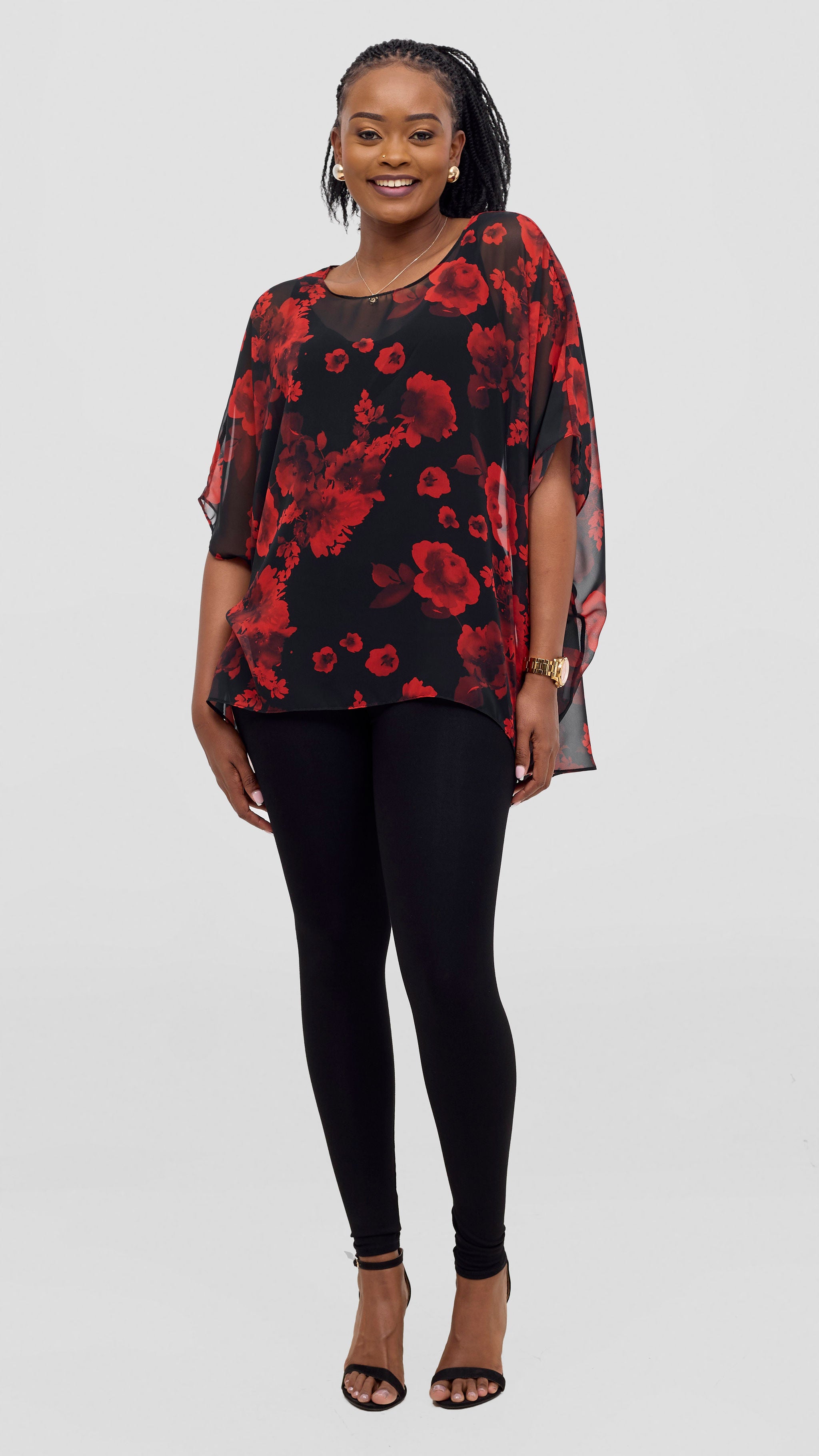 Vivo Ayana Wide High Low Top - Black / Red Flowers Print