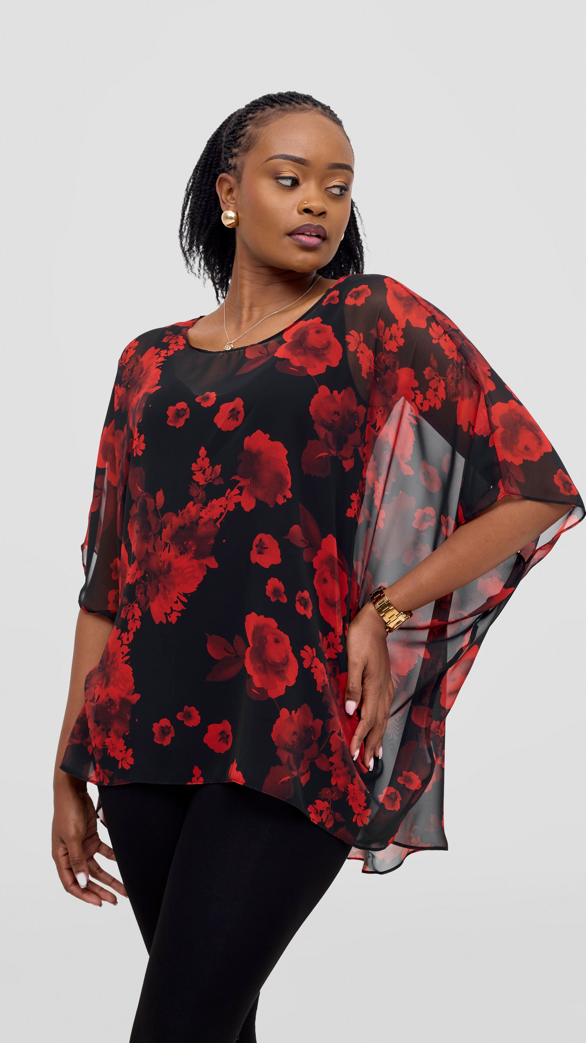 Vivo Ayana Wide High Low Top - Black / Red Flowers Print