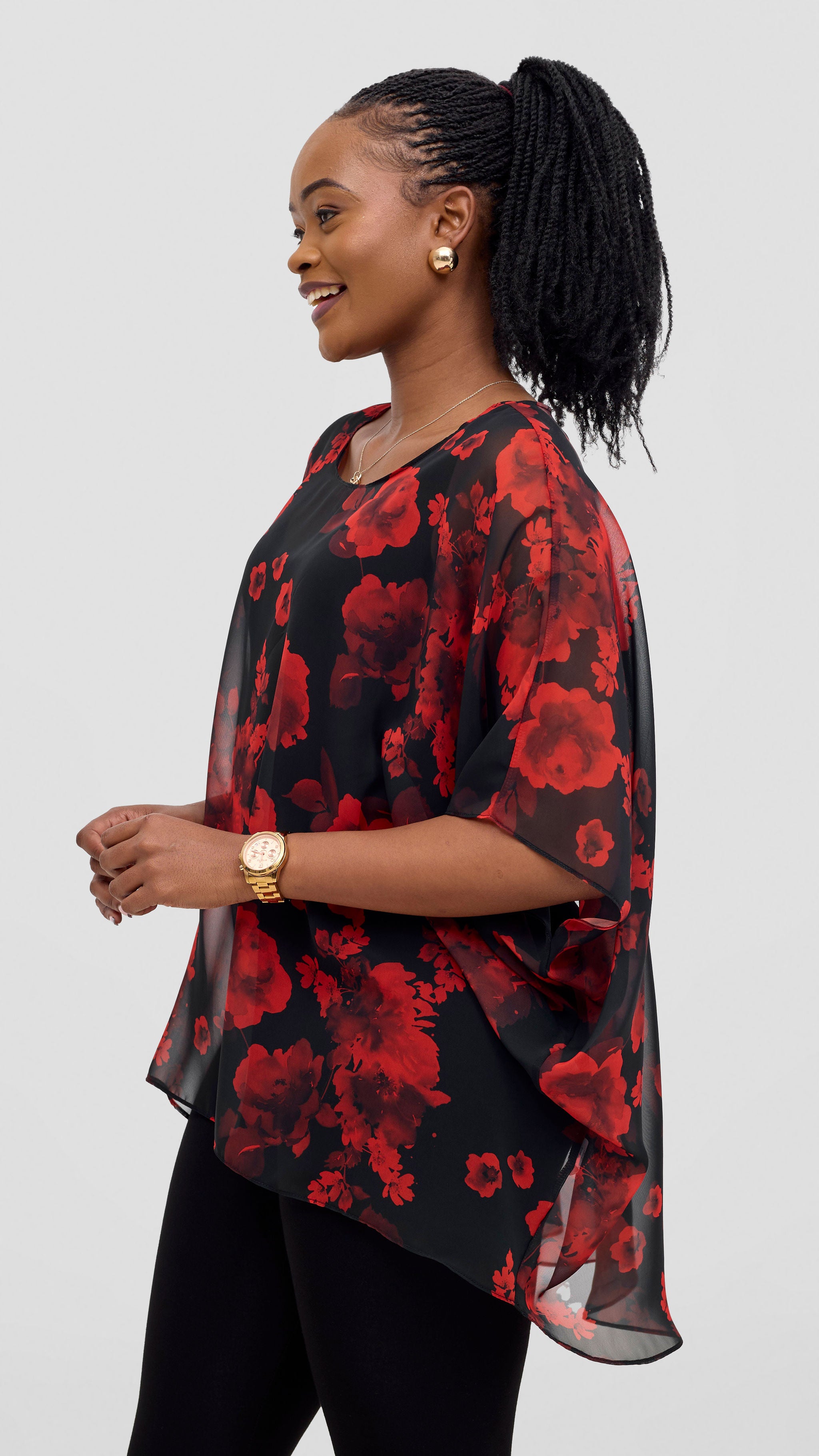 Vivo Ayana Wide High Low Top - Black / Red Flowers Print