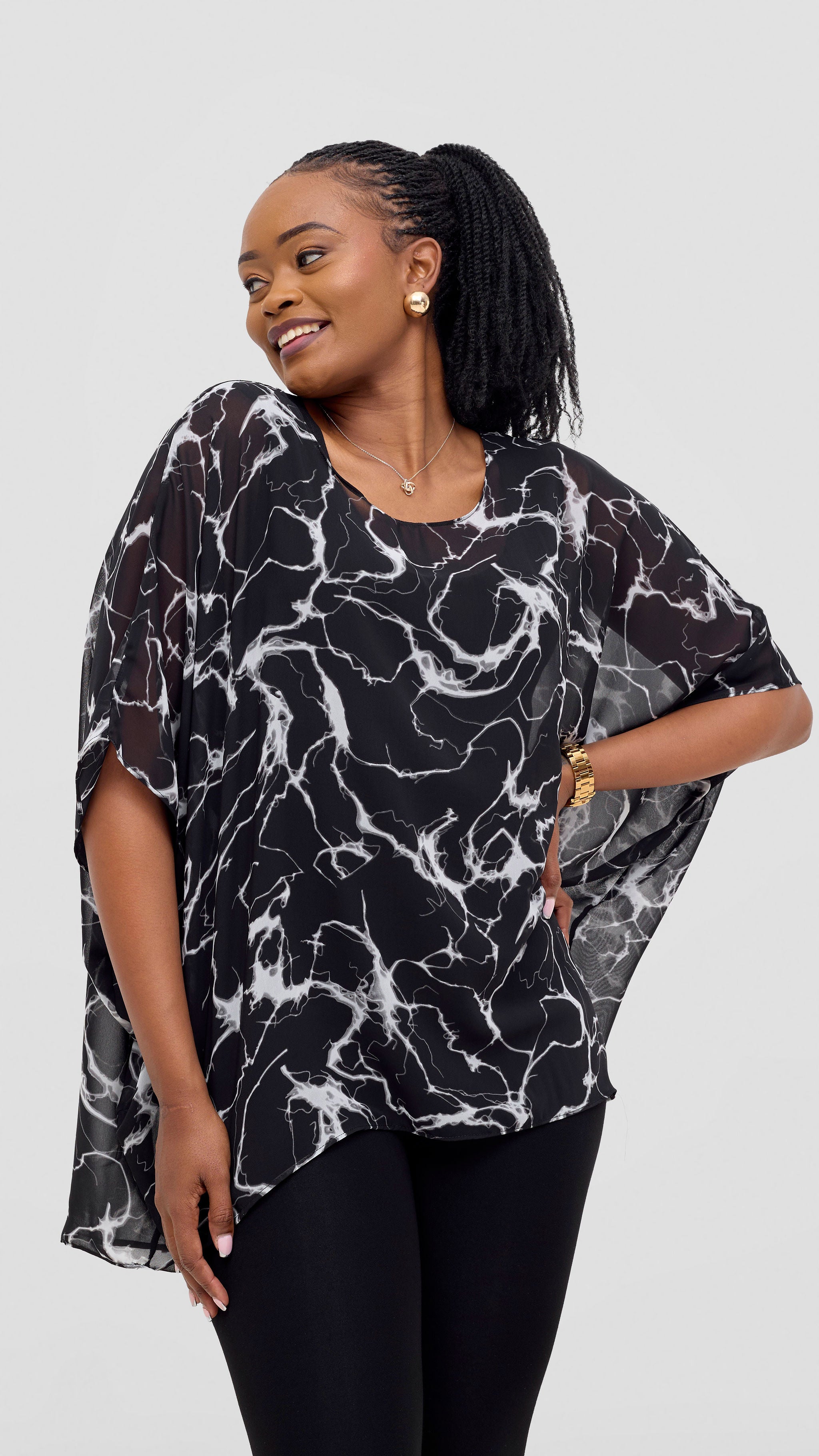 Vivo Ayana Wide High Low Top - Black Abstract Print