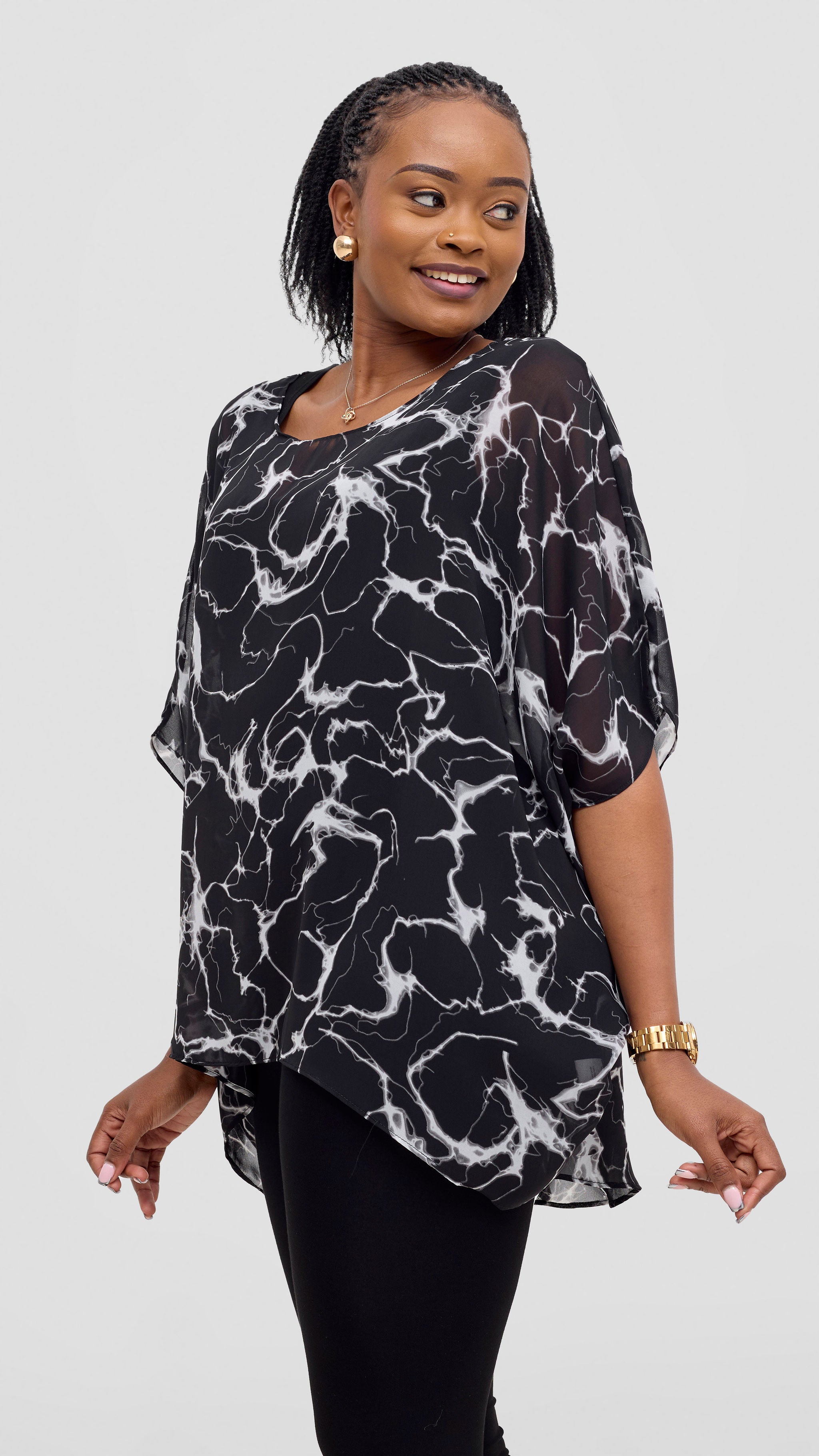 Vivo Ayana Wide High Low Top - Black Abstract Print