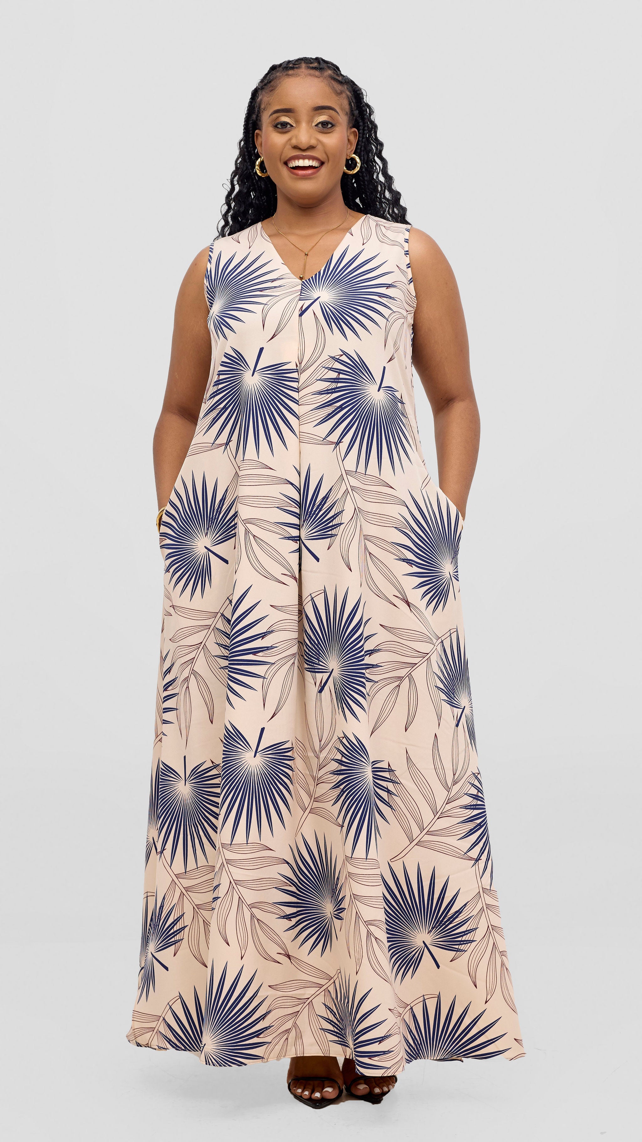 Vivo Ava Front Pleat Maxi Dress - Peach / Navy Print