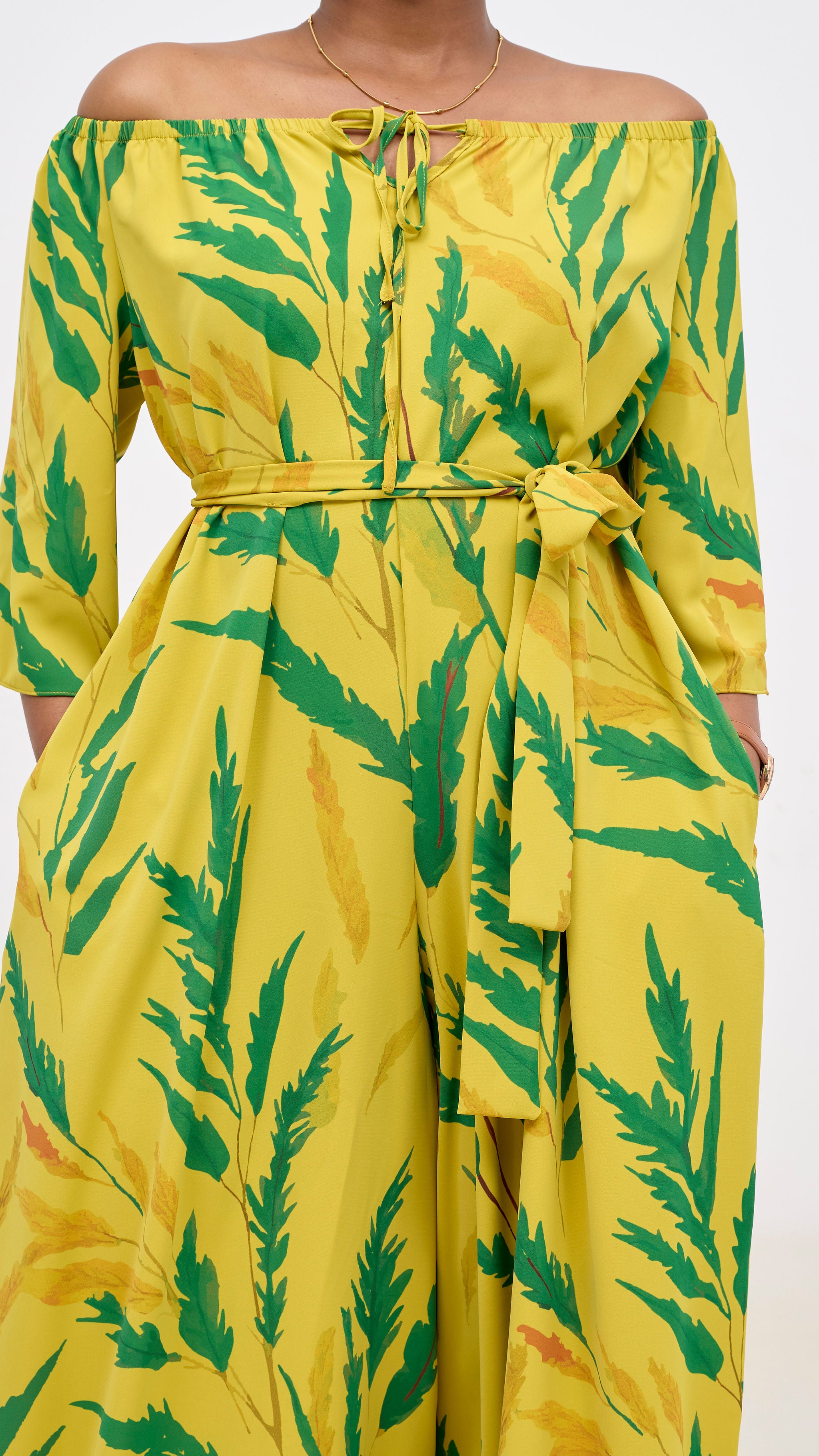 Vivo Zahari 3/4 Sleeve Off Shoulder Jumpsuit - Green / Mustard Rubi Print