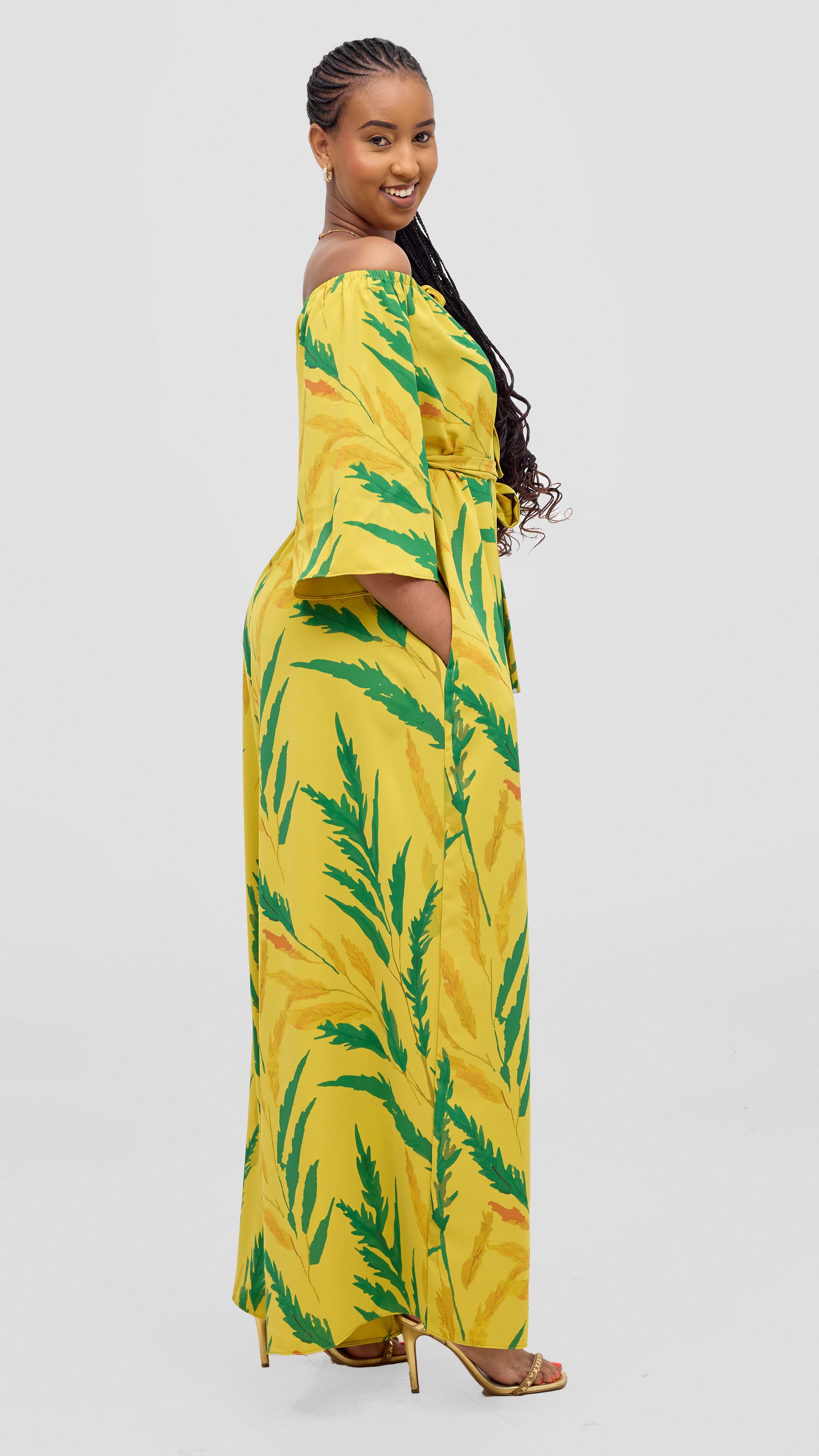 Vivo Zahari 3/4 Sleeve Off Shoulder Jumpsuit - Green / Mustard Rubi Print