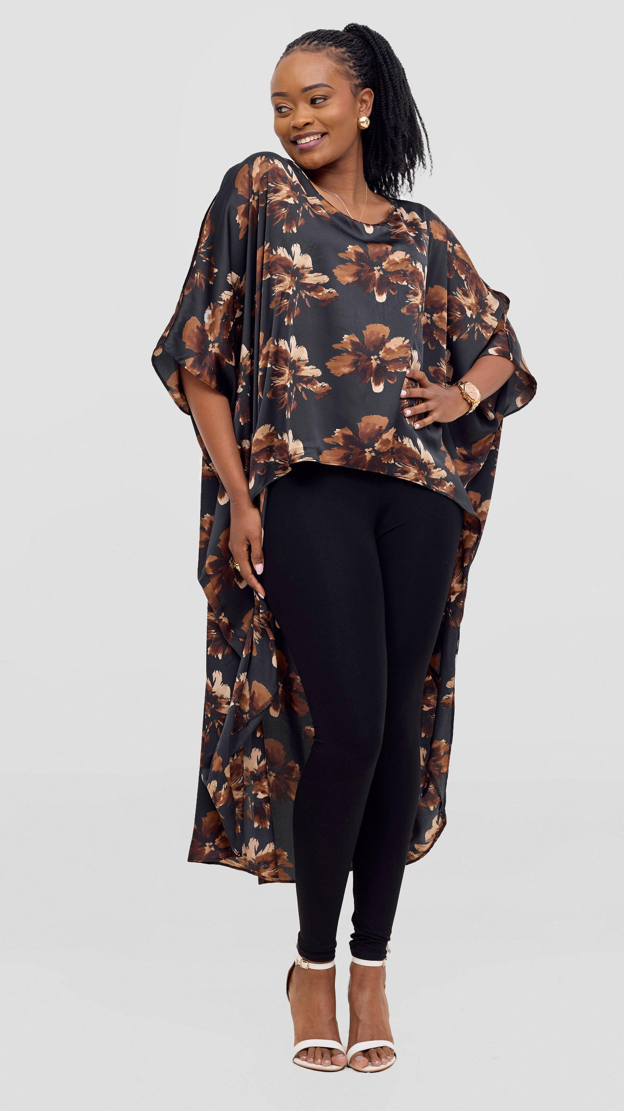 Vivo Satin High Low Top - Black / Brown Print