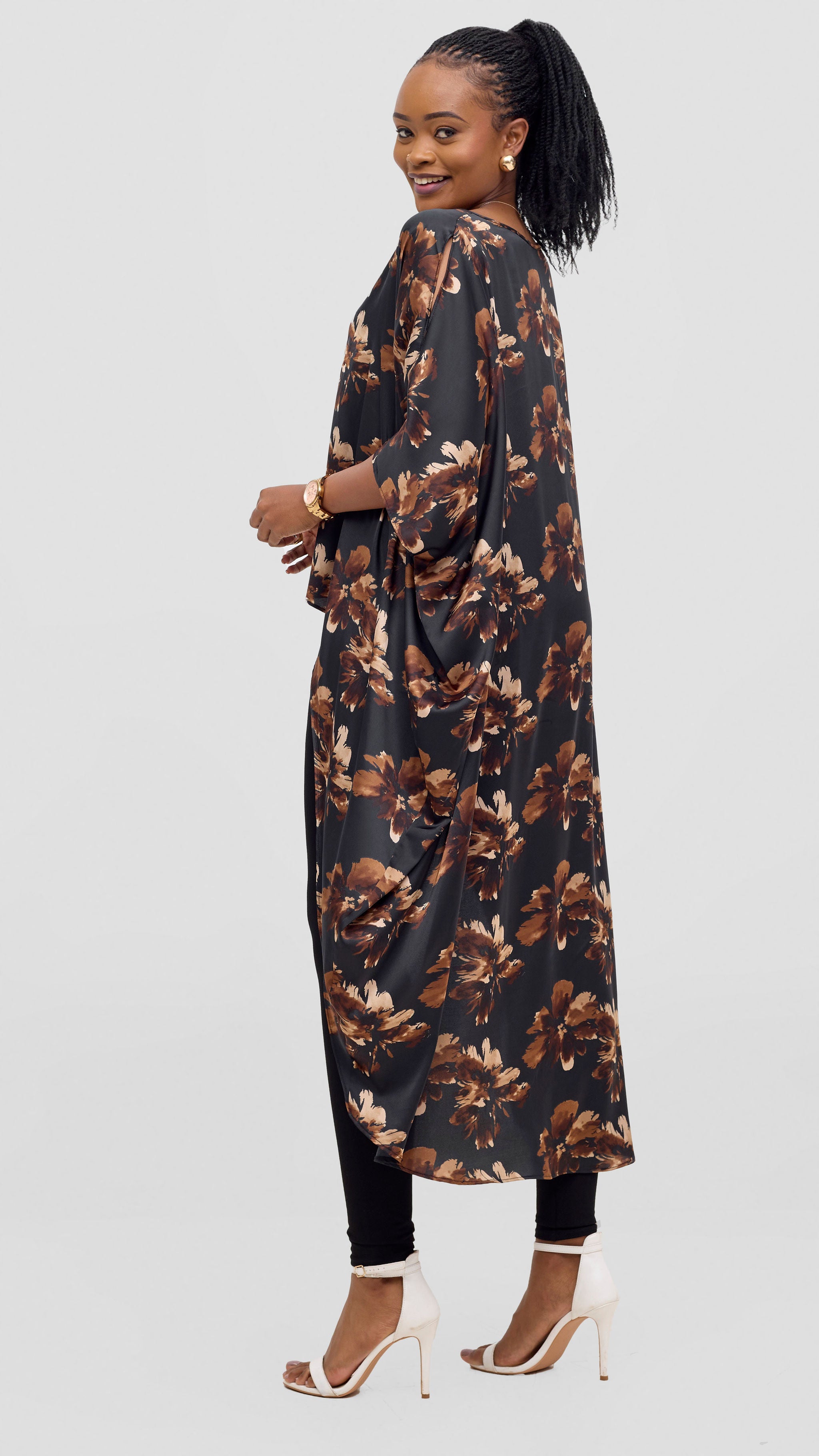 Vivo Satin High Low Top - Black / Brown Print