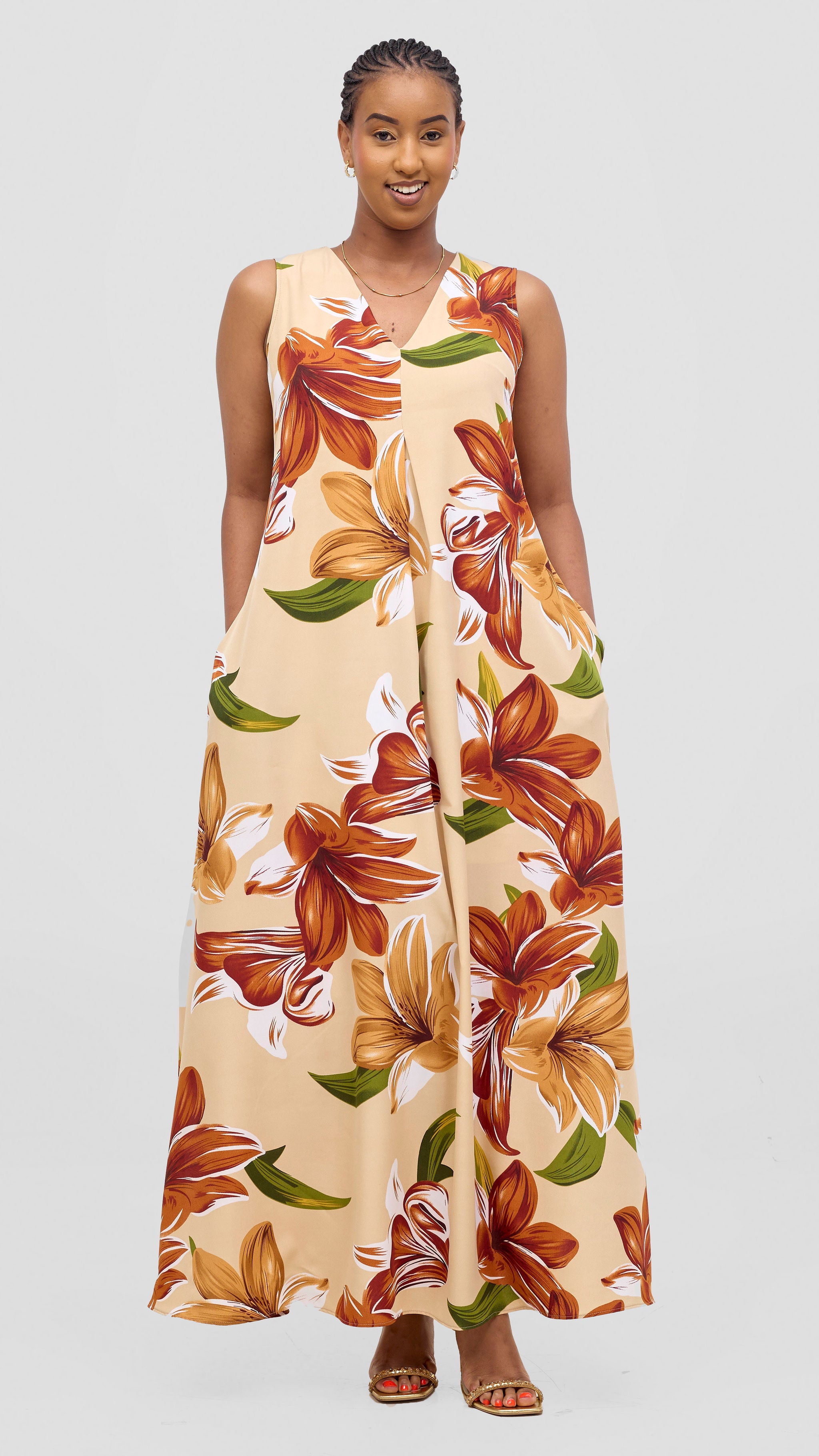Vivo Ava Front Pleat Maxi Dress - Green / Rust Print