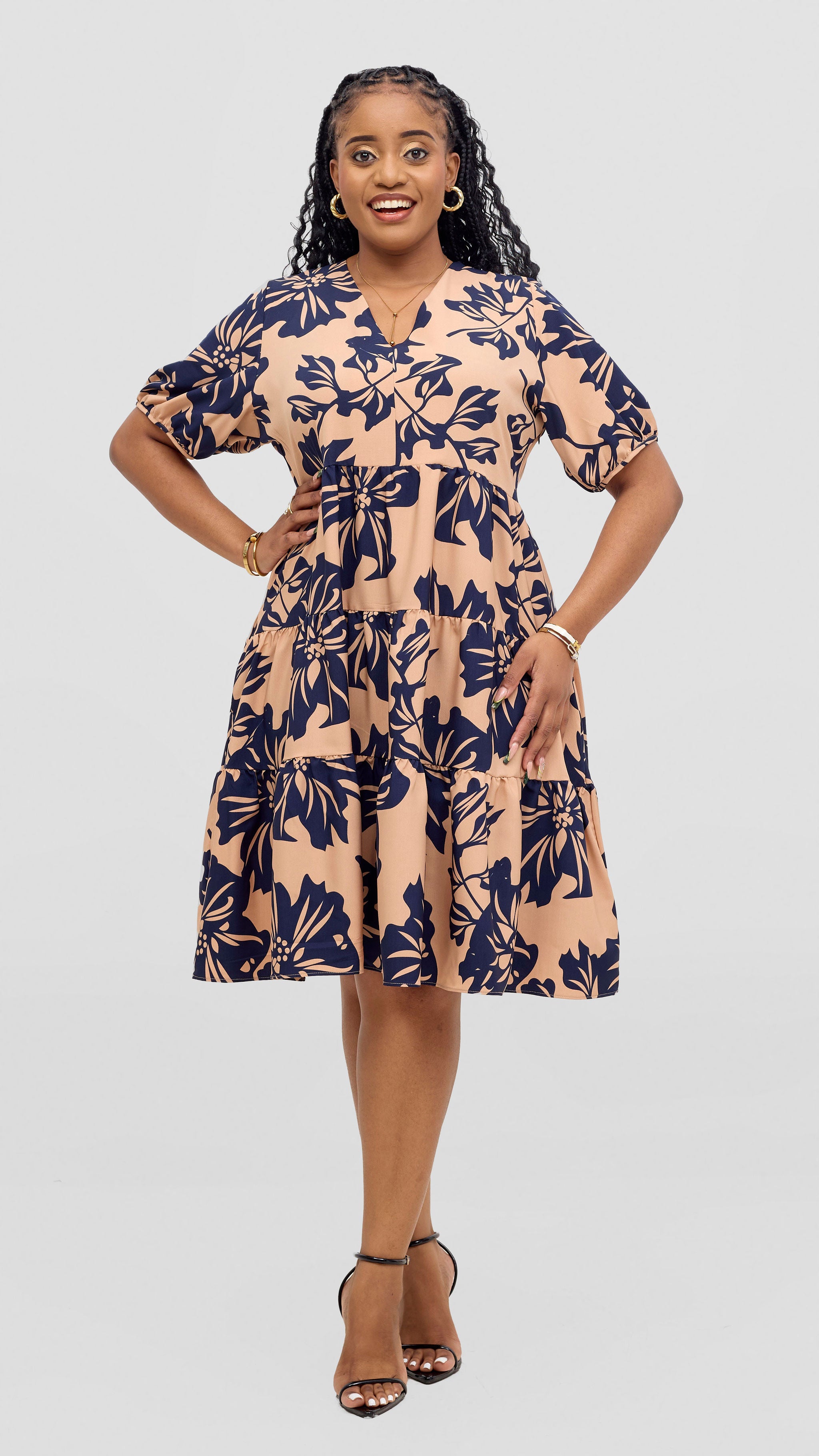 Vivo Wingu Three Tiered Knee Length Dress - Navy / Taupe Print
