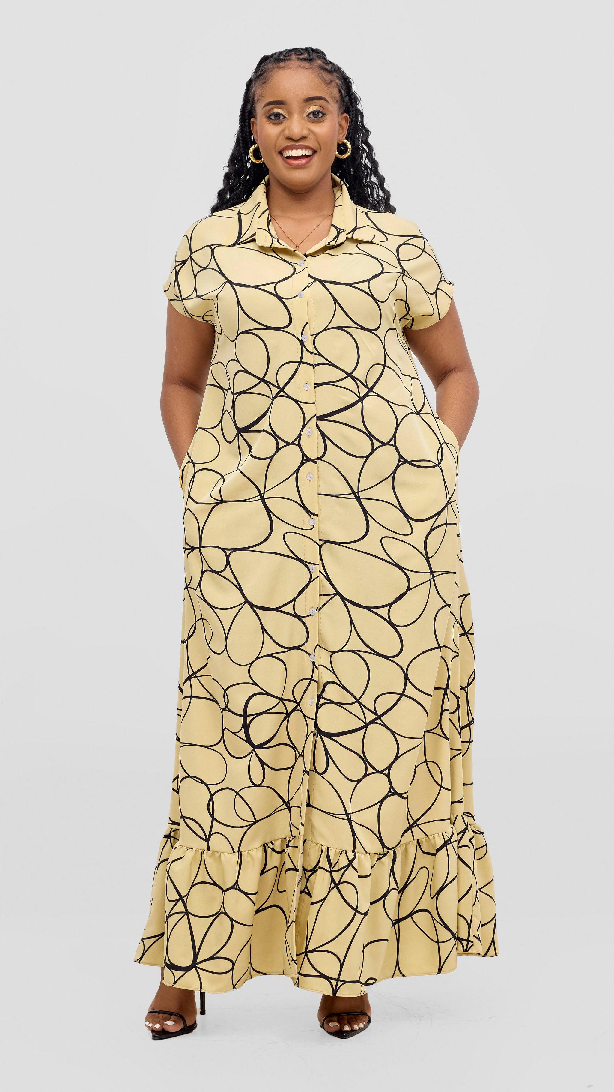 Vivo Asha Drop Shoulder Maxi Shirt Dress - Beige / Black Print