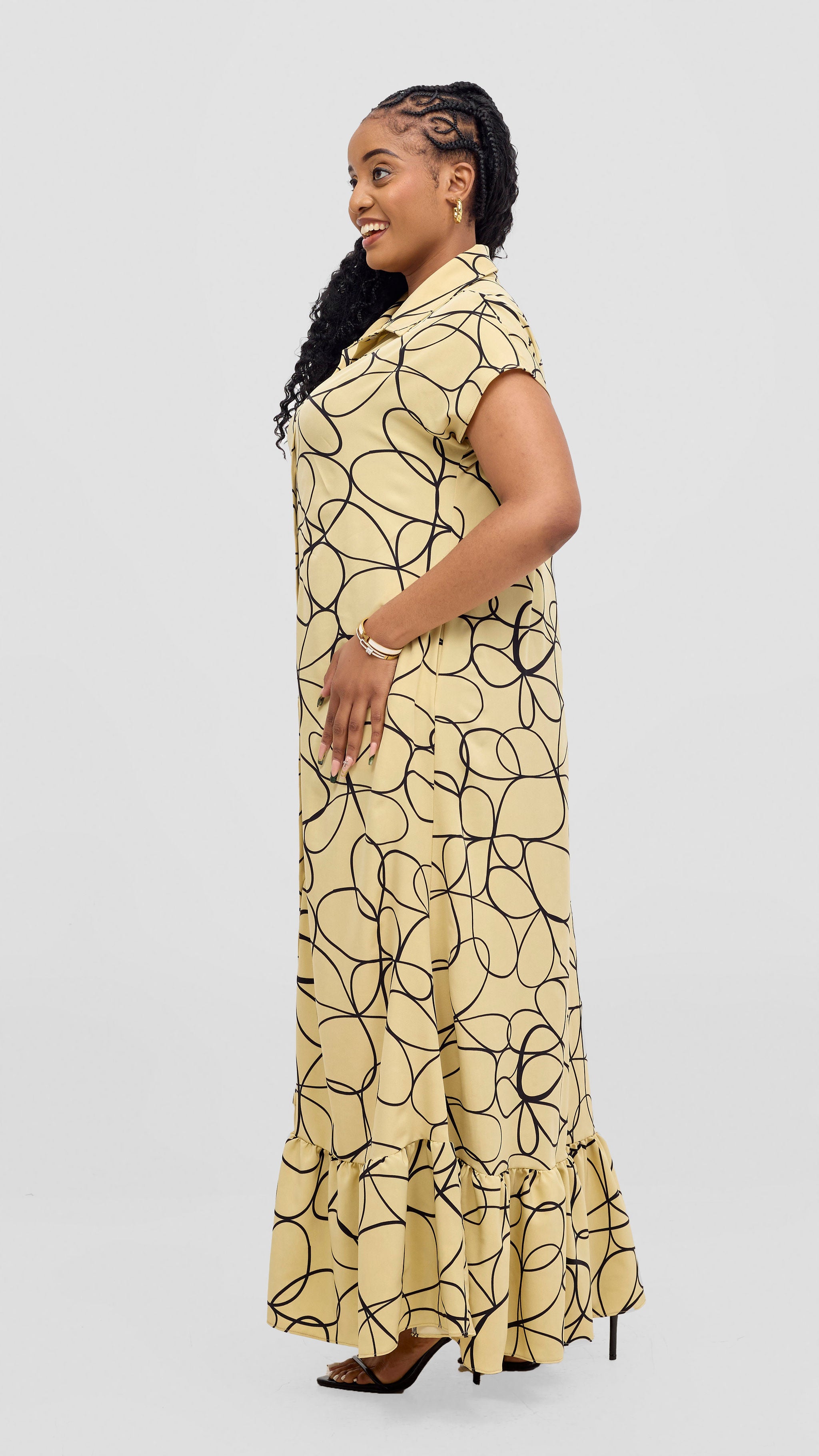 Vivo Asha Drop Shoulder Maxi Shirt Dress - Beige / Black Print