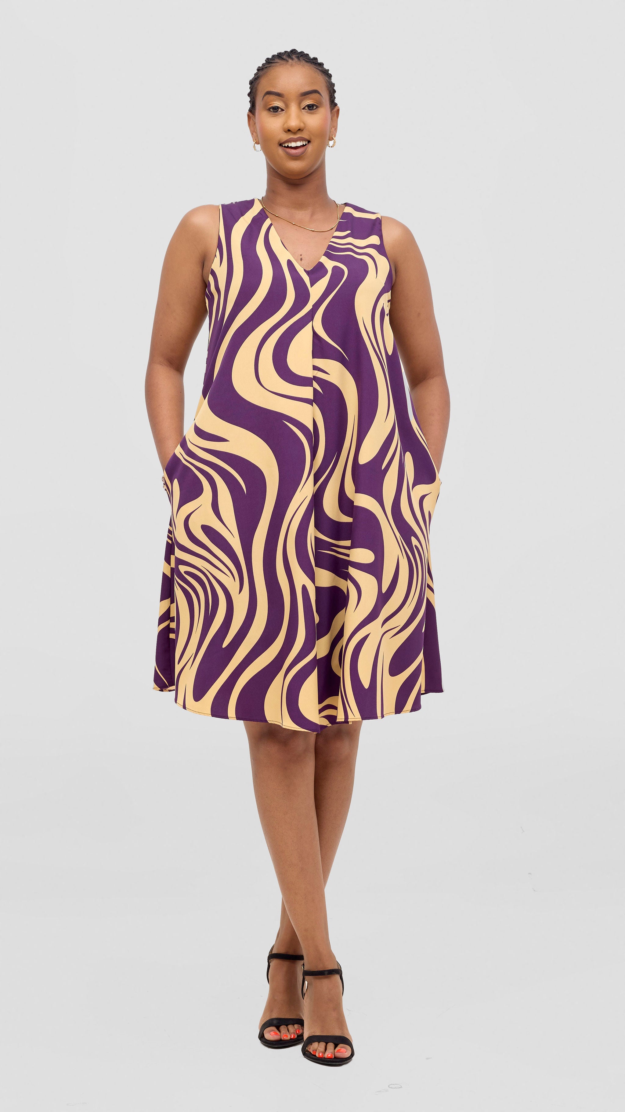 Vivo Ava Front Pleat Knee Length Dress - Cream / Purple Print