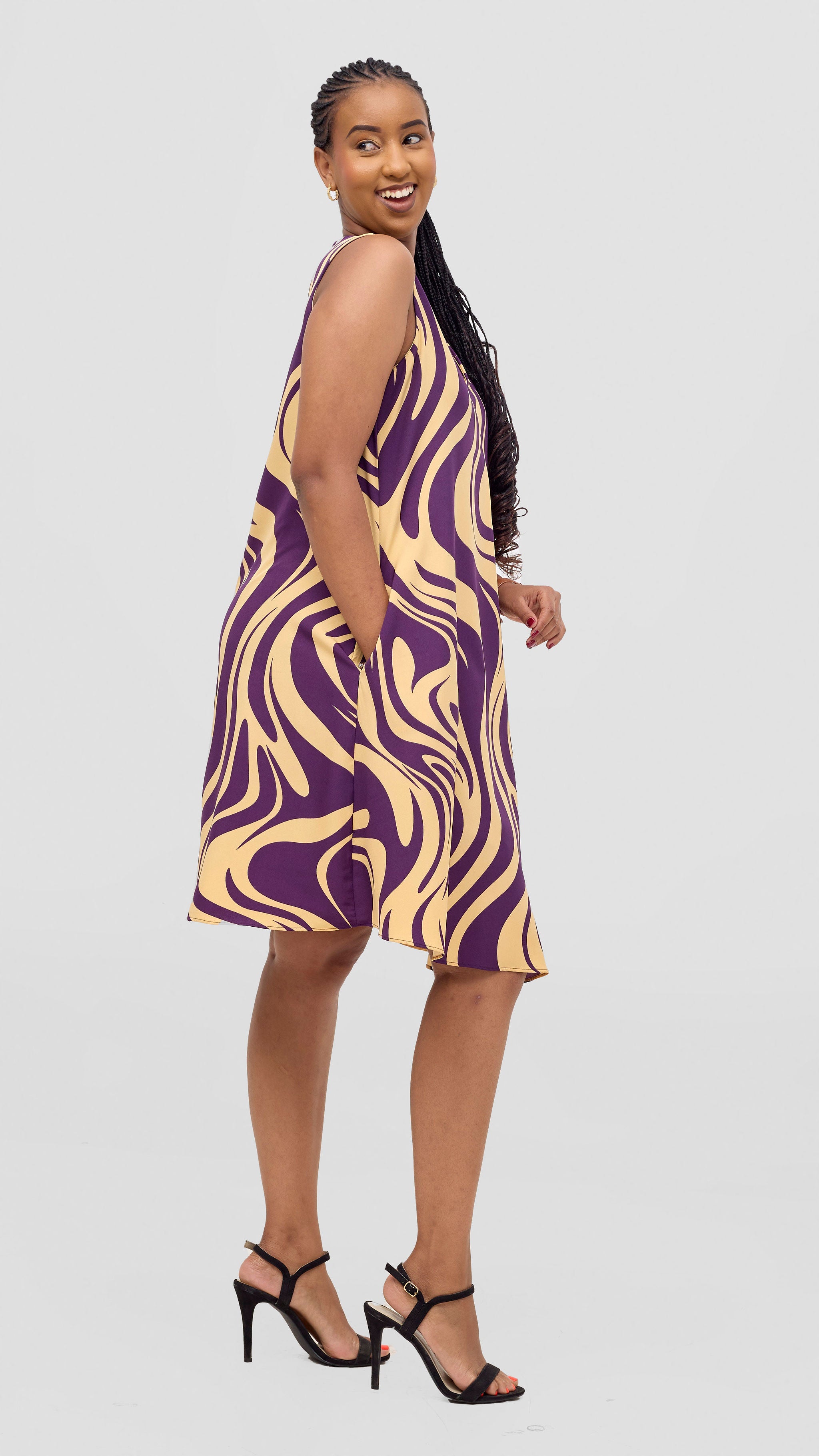 Vivo Ava Front Pleat Knee Length Dress - Cream / Purple Print