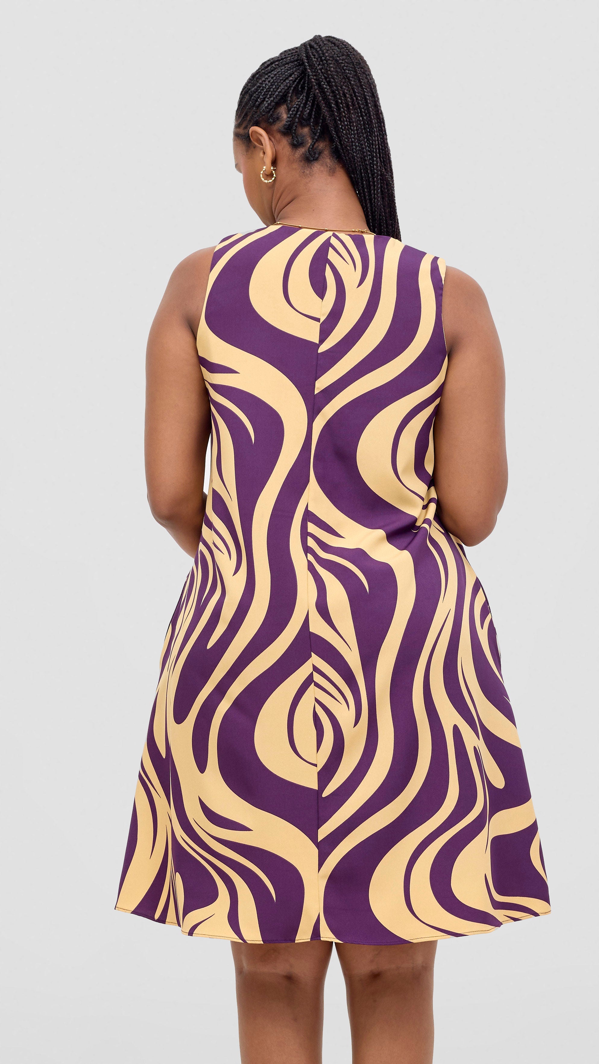 Vivo Ava Front Pleat Knee Length Dress - Cream / Purple Print