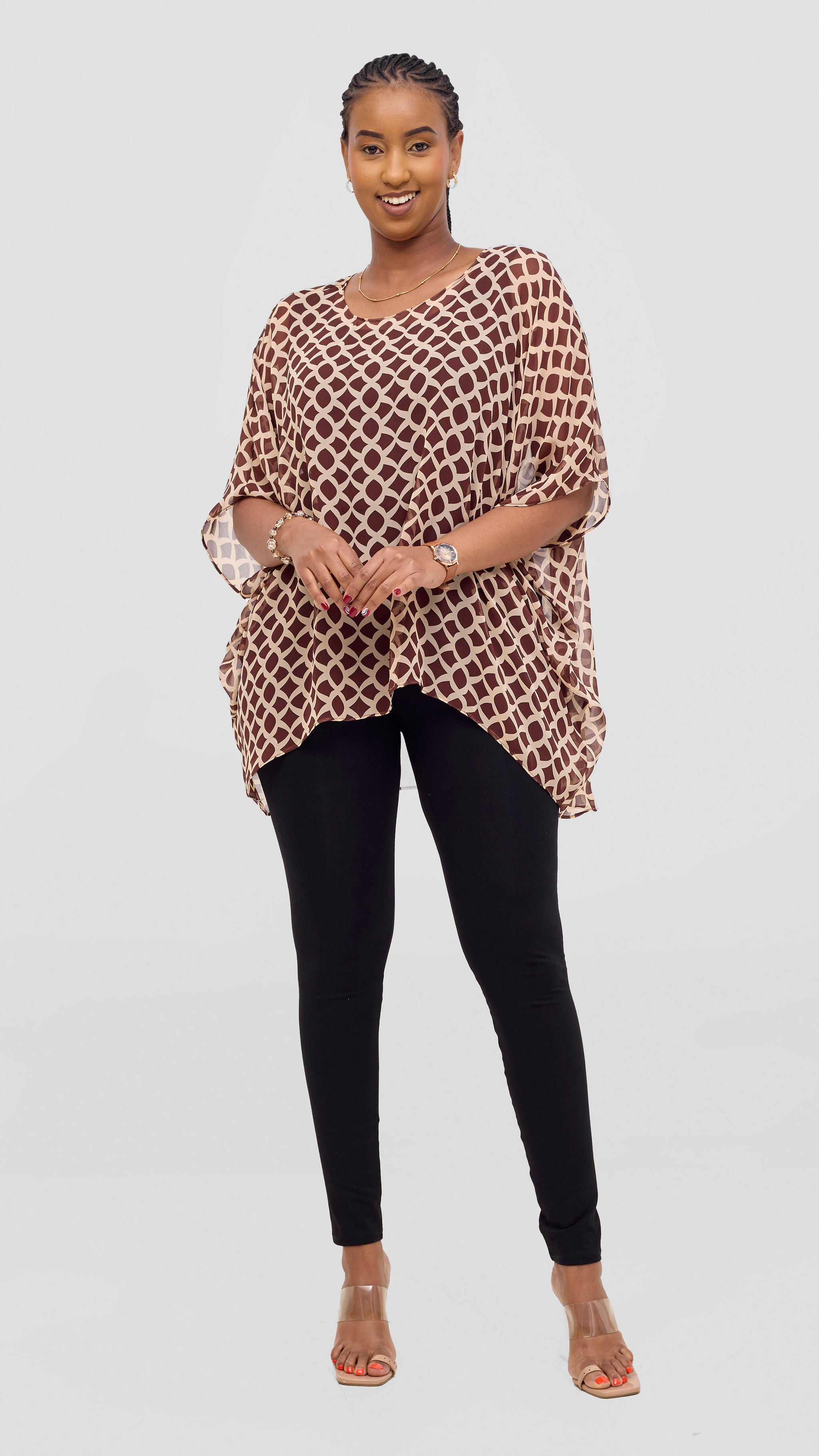 Vivo Ayana Wide High Low Top - Brown / Beige Print