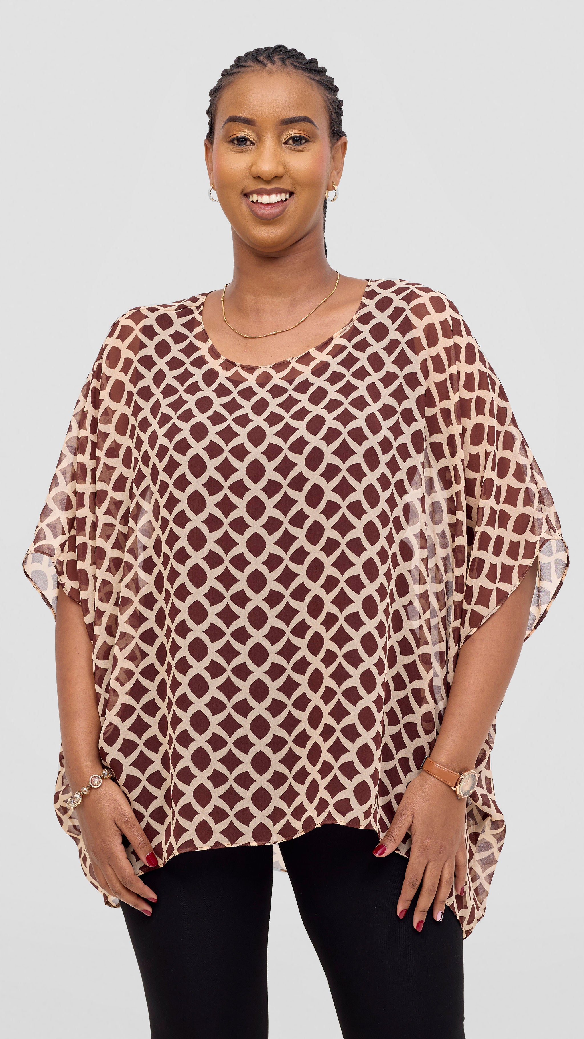 Vivo Ayana Wide High Low Top - Brown / Beige Print