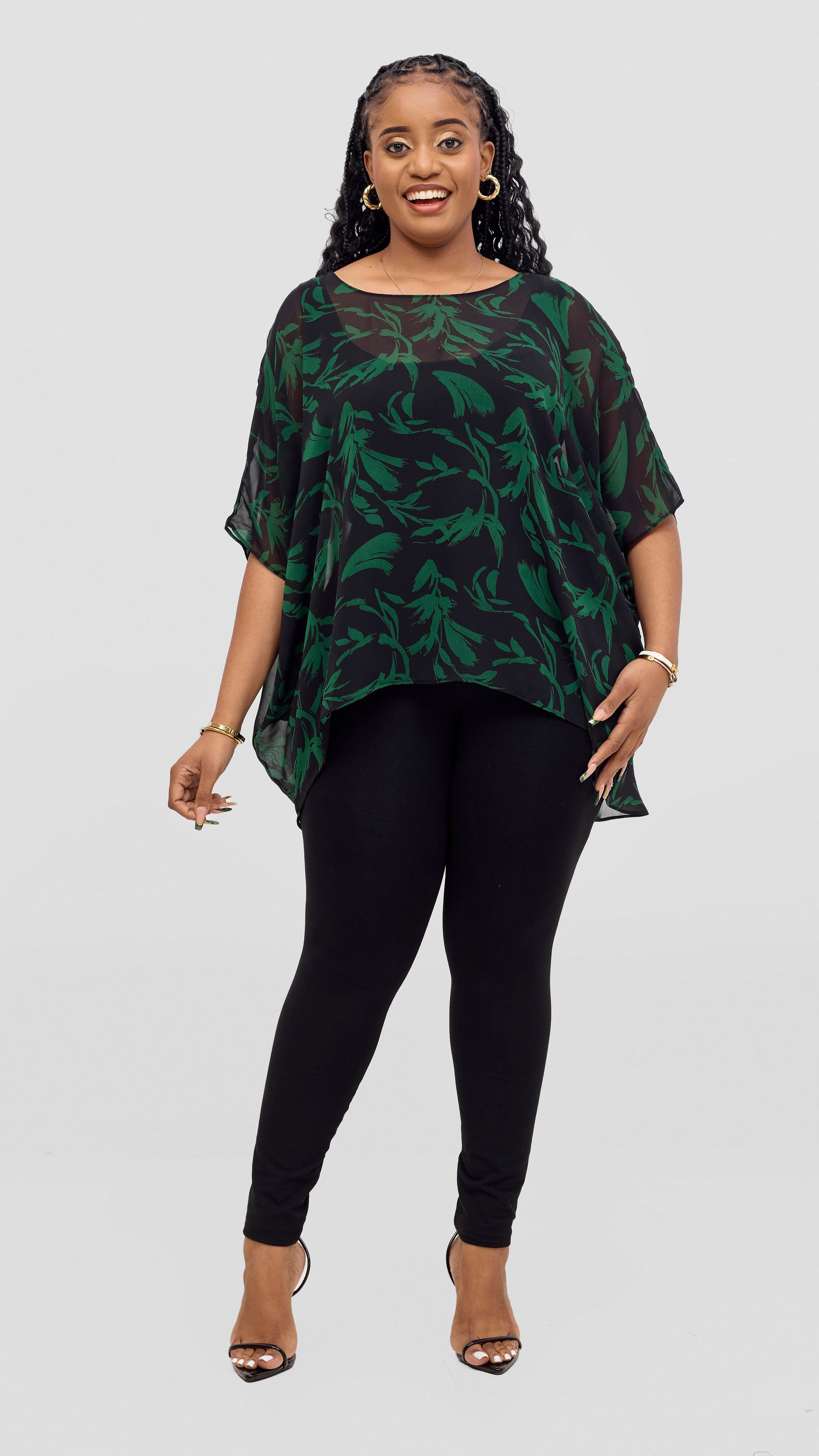 Vivo Ayana Wide High Low Top - Black / Green Flowers Print