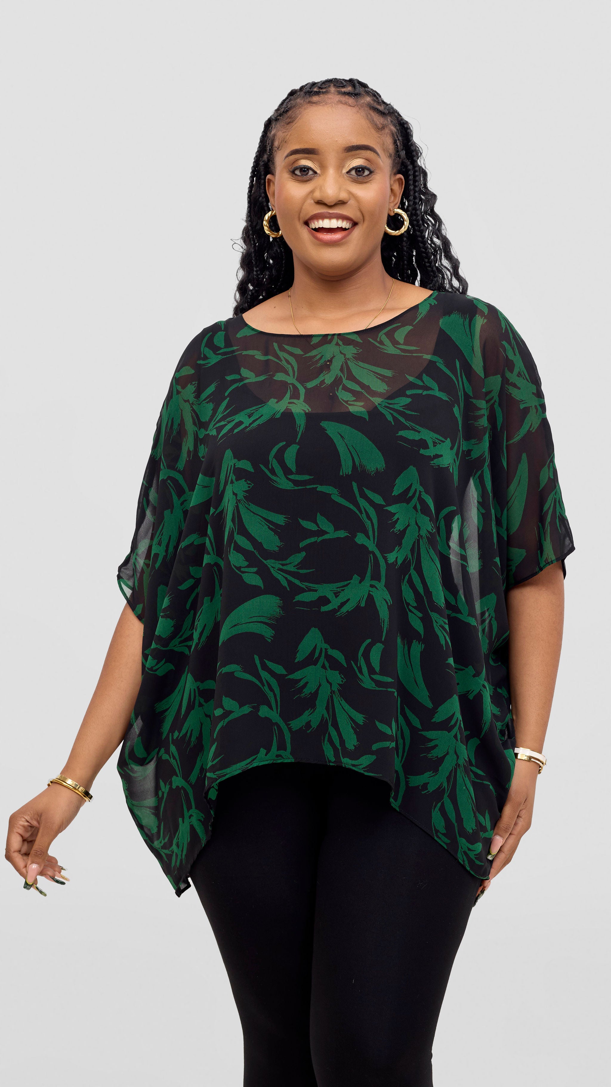 Vivo Ayana Wide High Low Top - Black / Green Flowers Print
