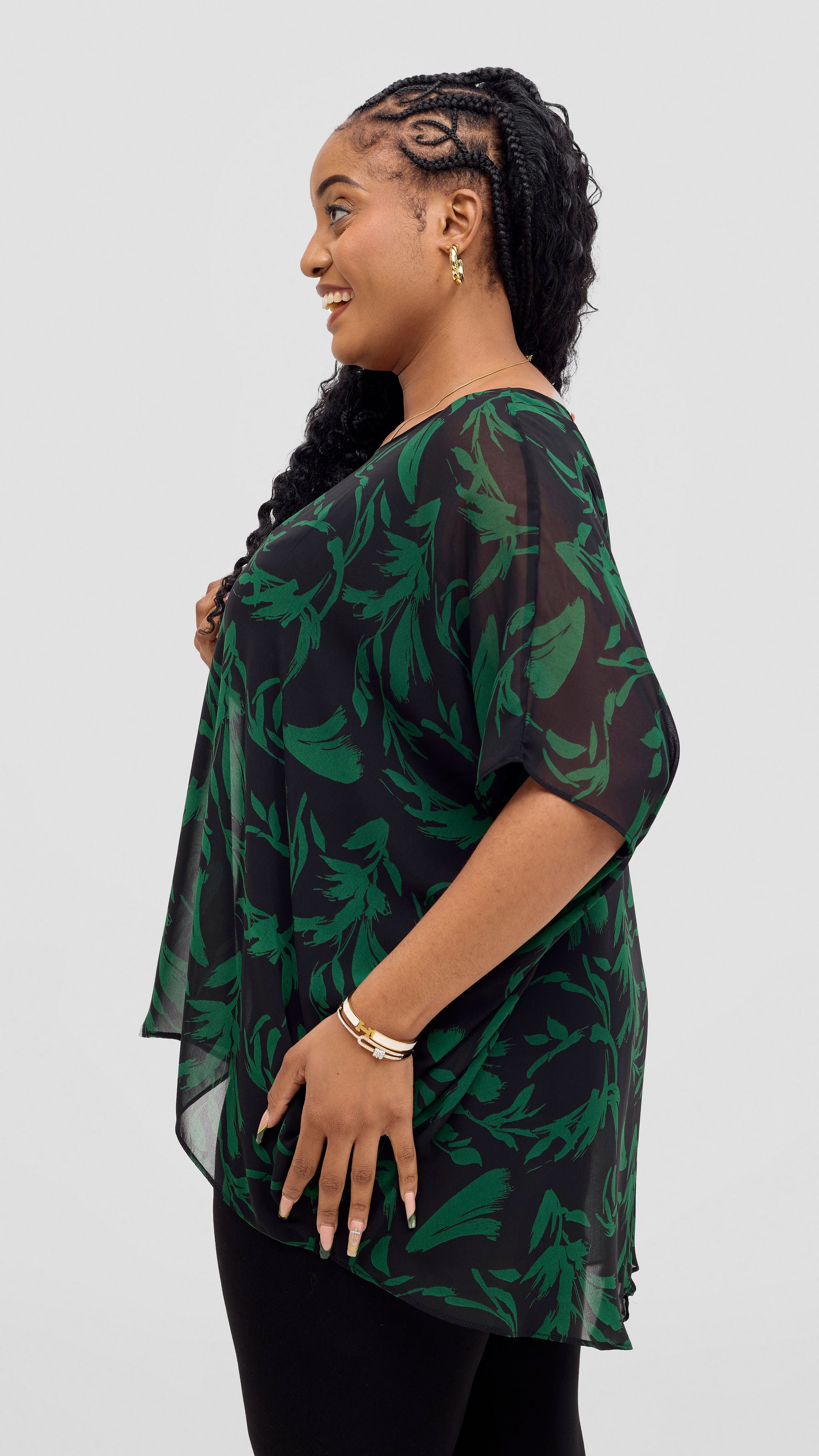 Vivo Ayana Wide High Low Top - Black / Green Flowers Print