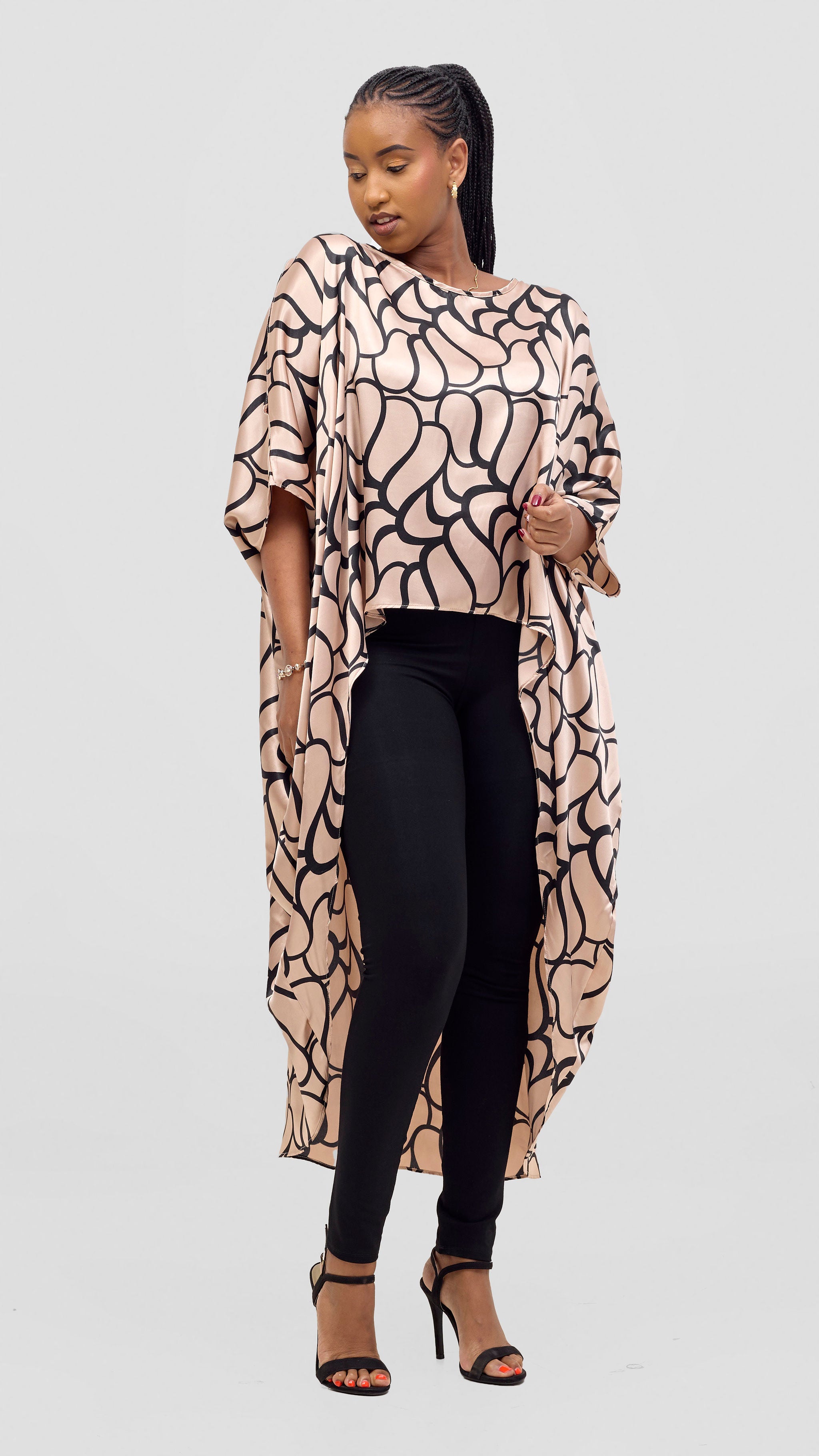 Vivo Satin High Low Top - Taupe / Black Print