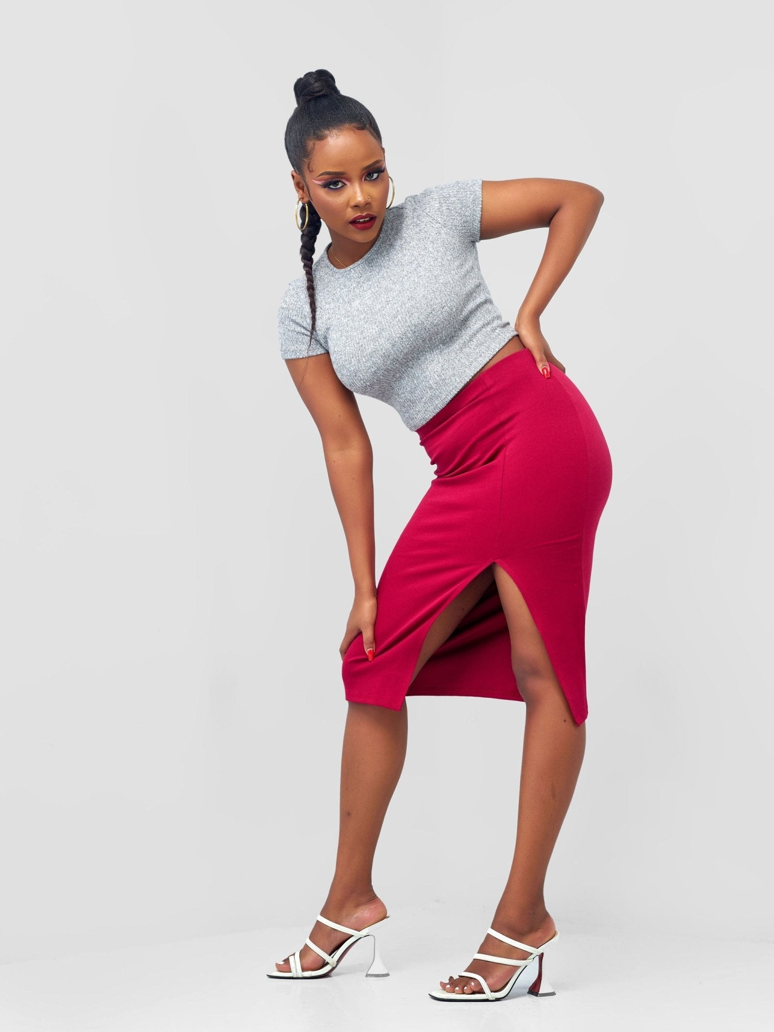 Popular 21 Long Slit Pencil Skirt - Burgundy - Shopzetu